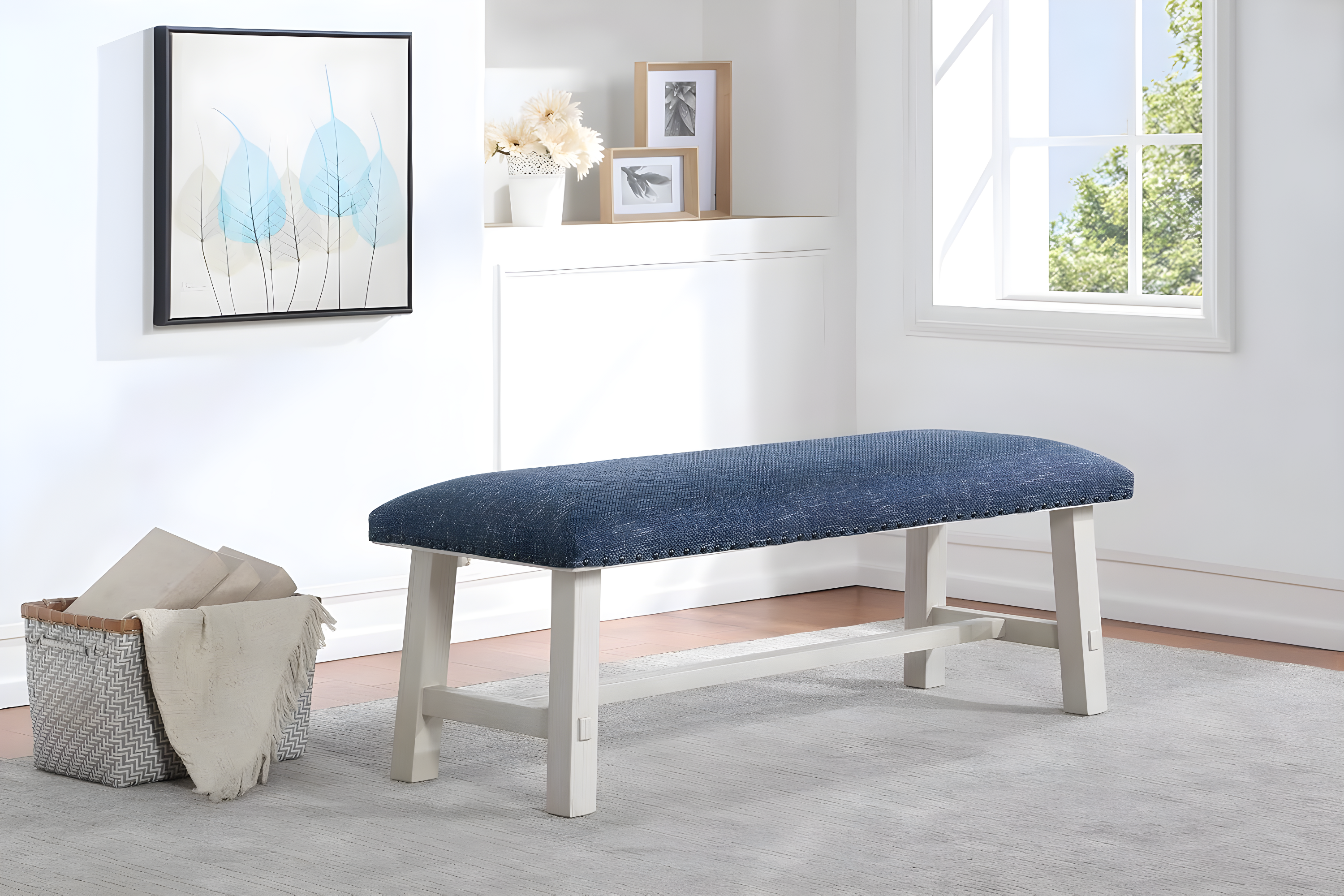 Callen Bench with White Wash Frame and Bronze Nailhead Trim in Navy Fabric