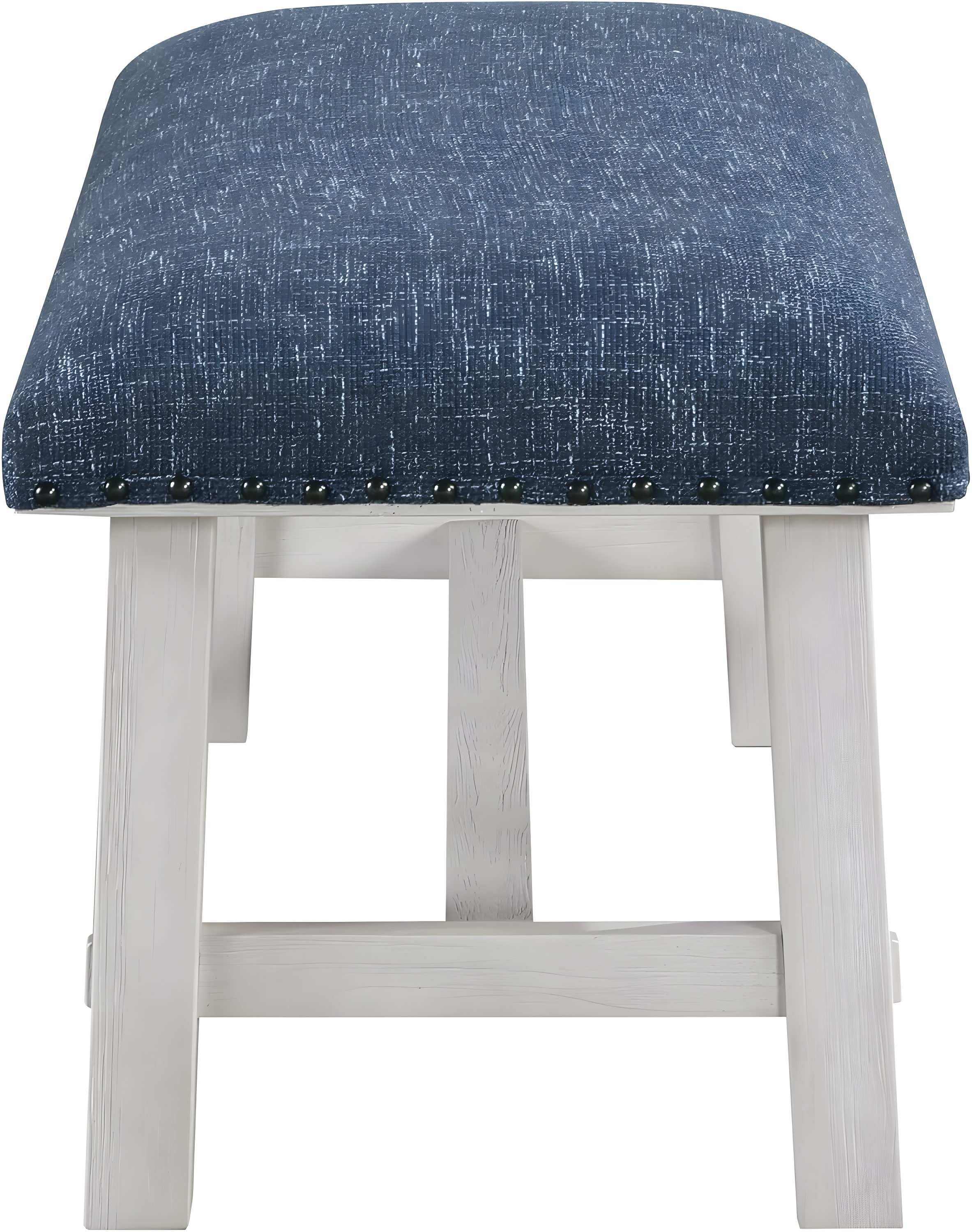 Callen Bench with White Wash Frame and Bronze Nailhead Trim in Navy Fabric