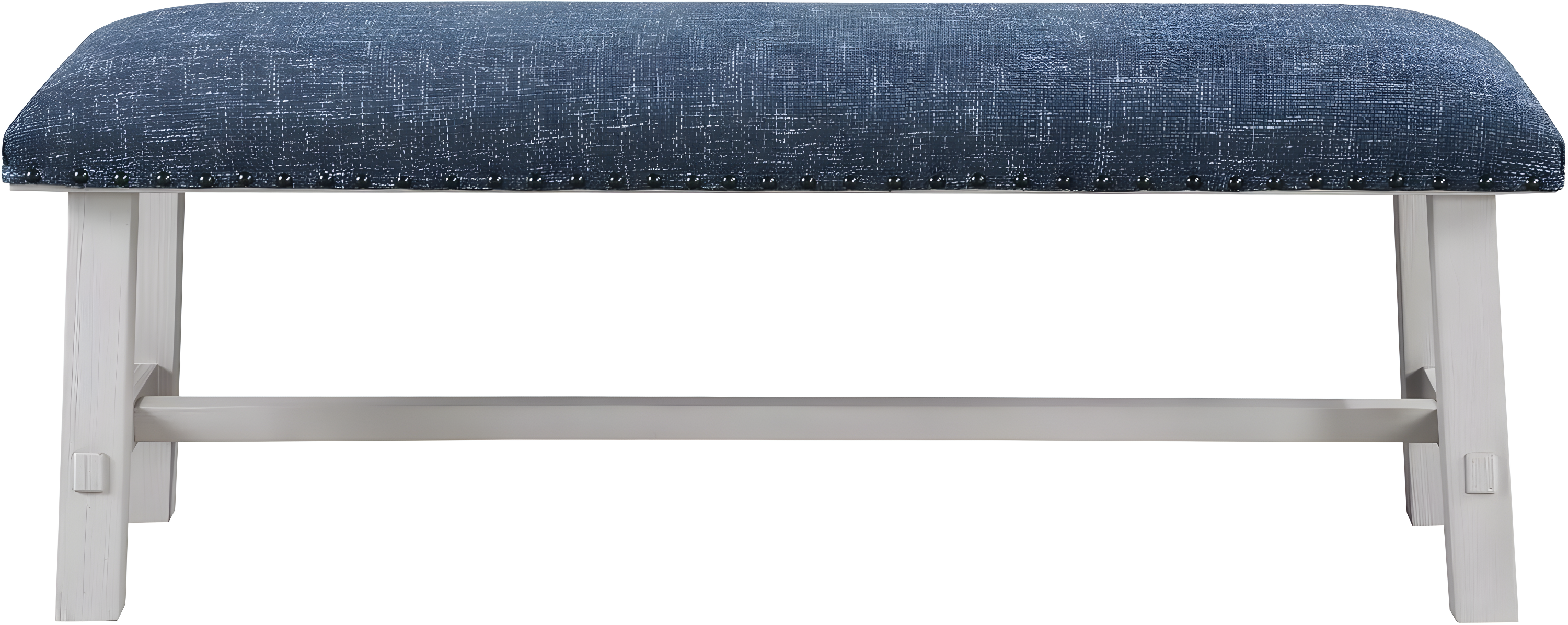 Callen Bench with White Wash Frame and Bronze Nailhead Trim in Navy Fabric