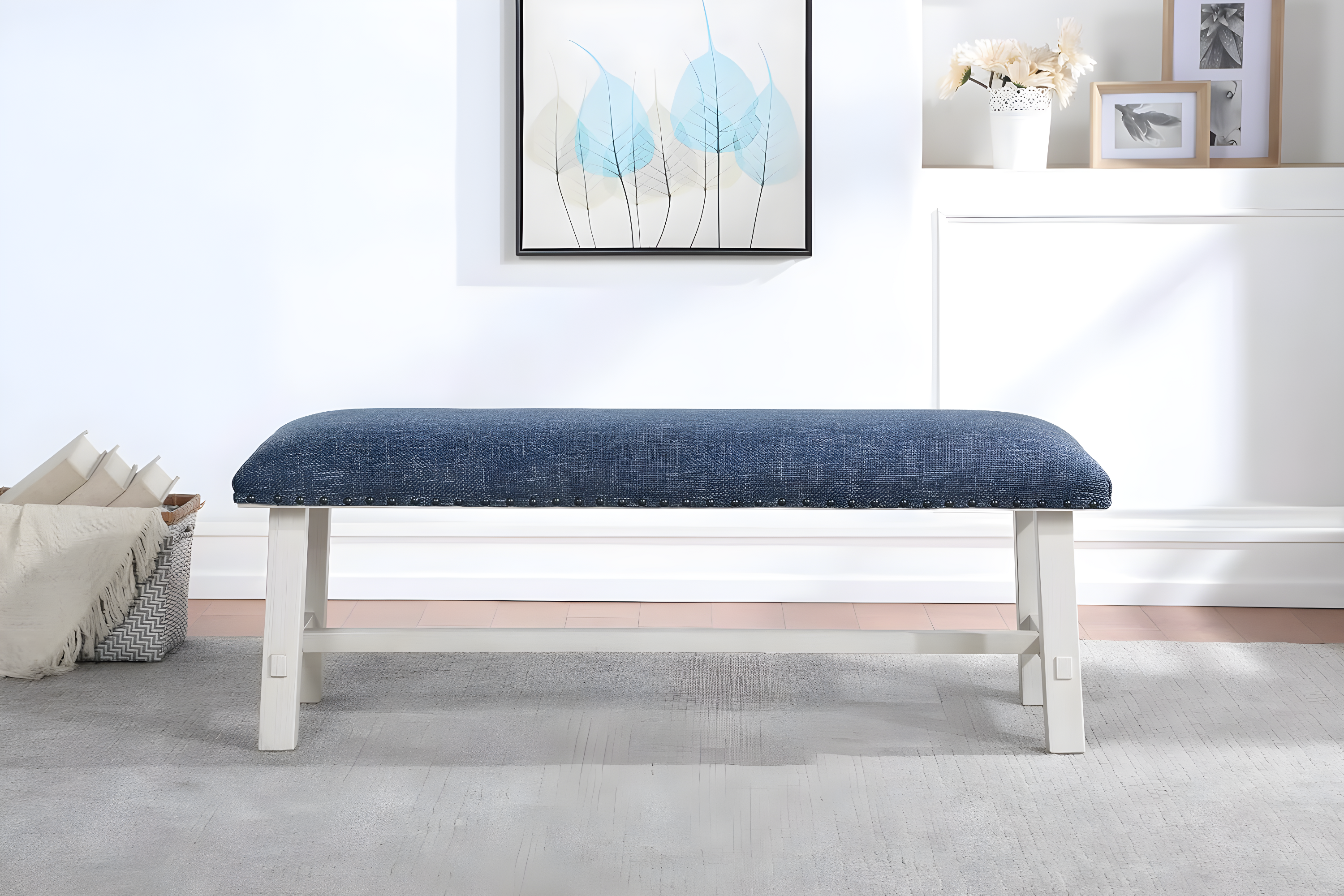 Callen Bench with White Wash Frame and Bronze Nailhead Trim in Navy Fabric