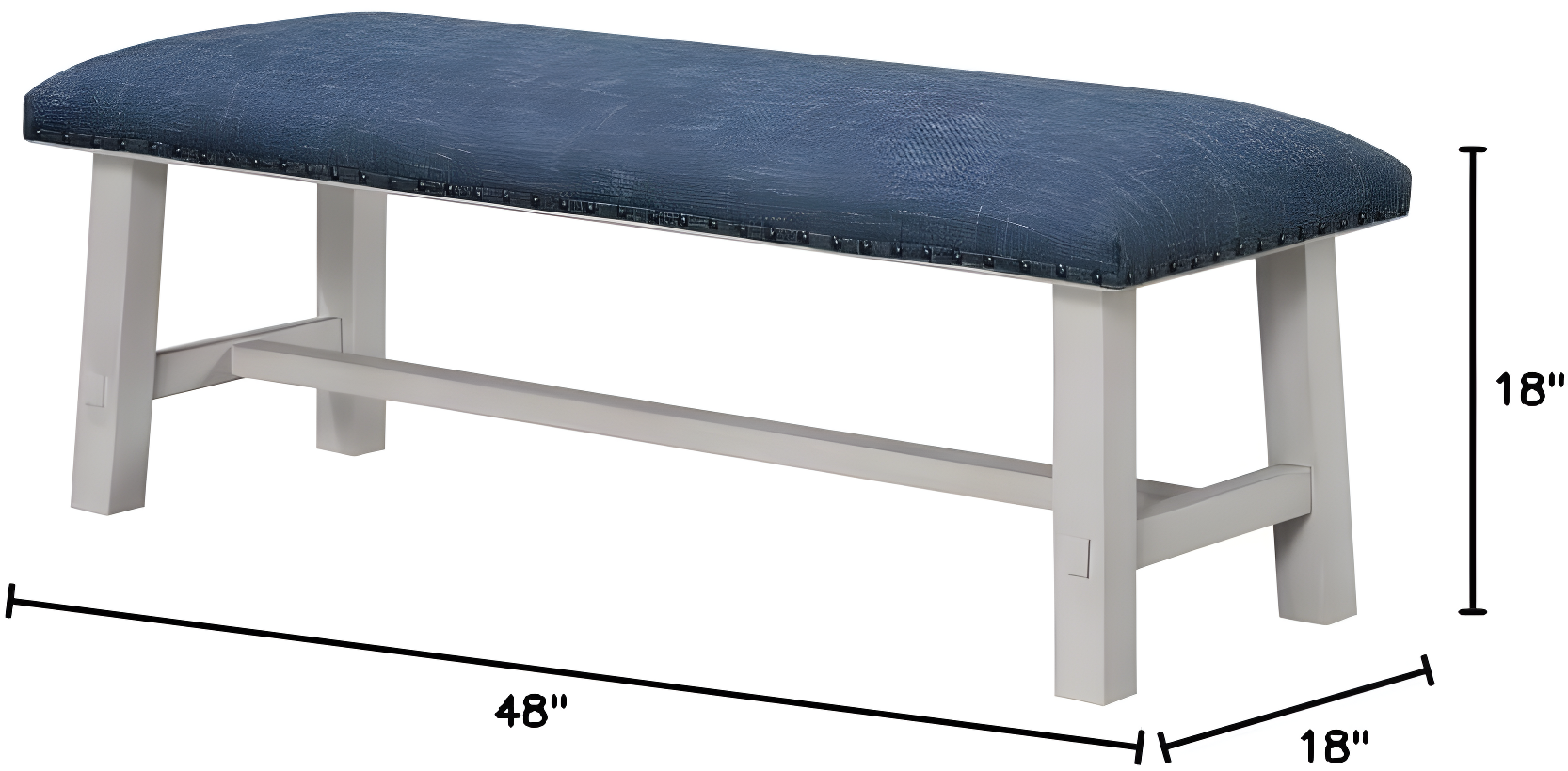 Callen Bench with White Wash Frame and Bronze Nailhead Trim in Navy Fabric