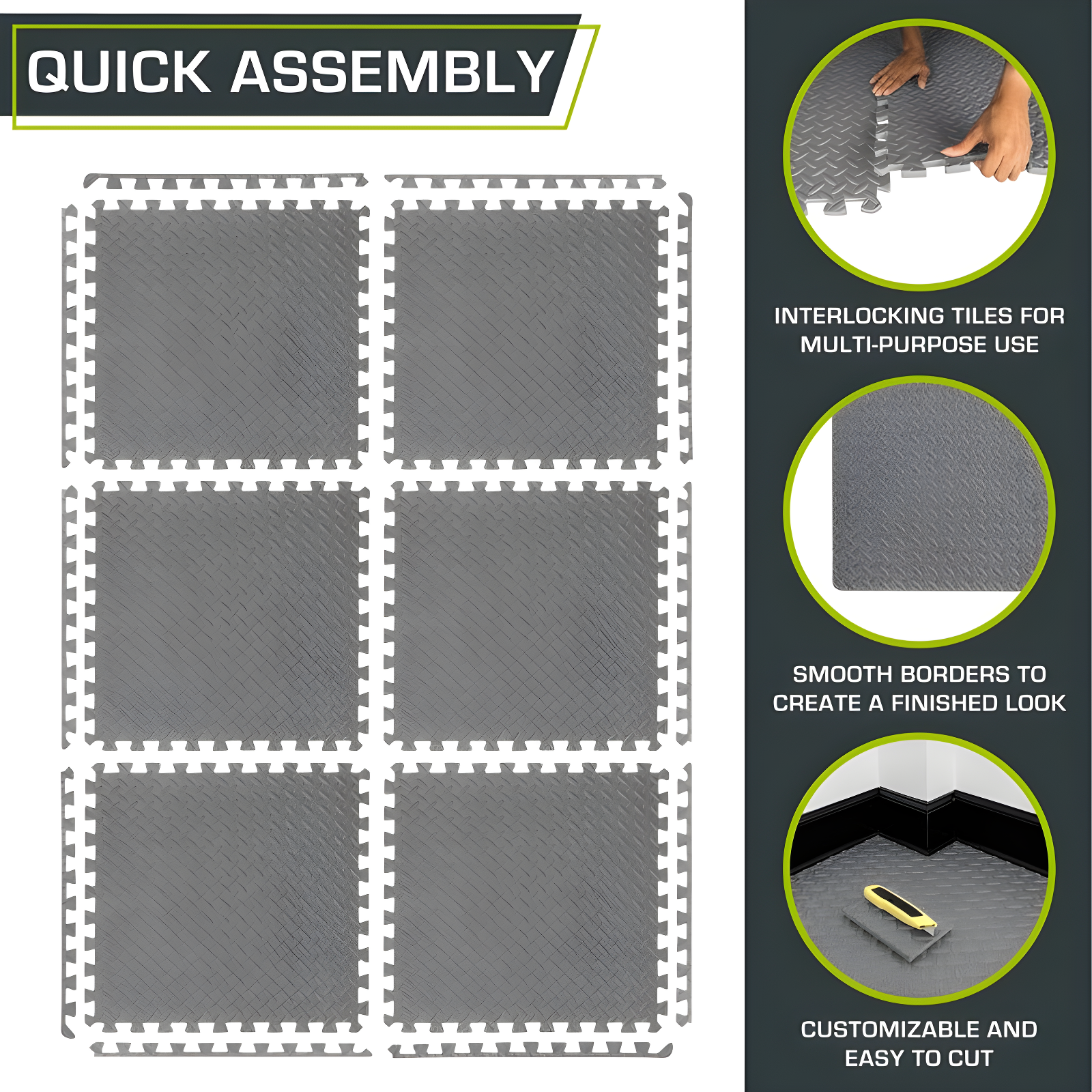 Exercise Puzzle Mat 1/2-in, Grey, 24 Sq Ft - 6 Tiles