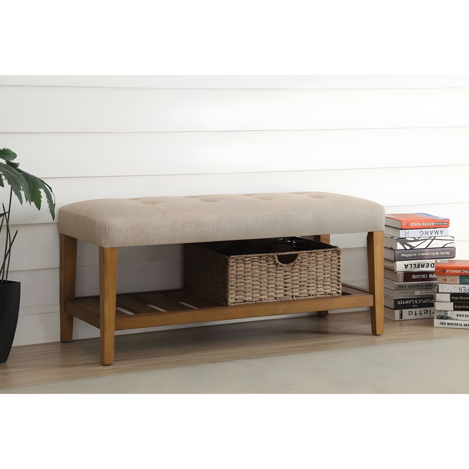 ACME 96680 Charla Wooden Frame Slatted Lower Shelf Bench, Light Gray and Oak