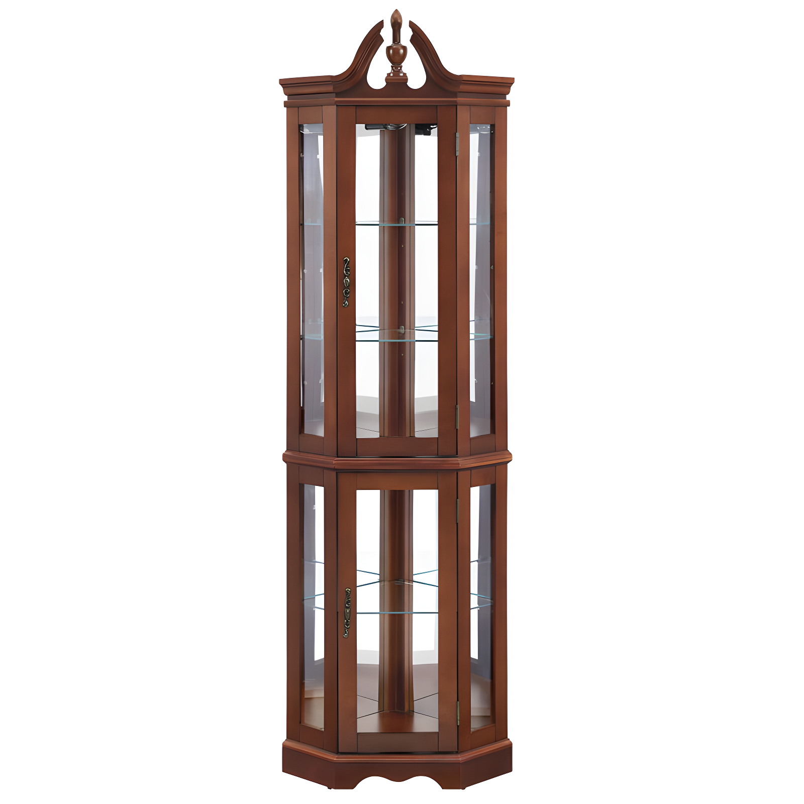 wendeway Walnut Corner Curio Cabinet With Lights,Adjustable Tempered Glass Shelves, Mirrored Back, Display Cabinet,Sideboard,Bookshelf