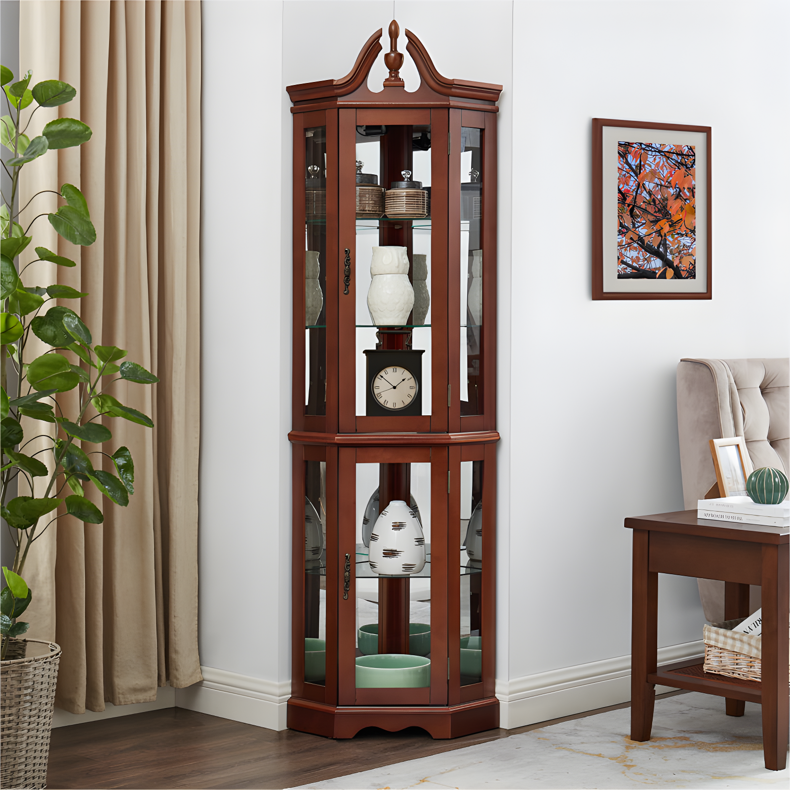 wendeway Walnut Corner Curio Cabinet With Lights,Adjustable Tempered Glass Shelves, Mirrored Back, Display Cabinet,Sideboard,Bookshelf