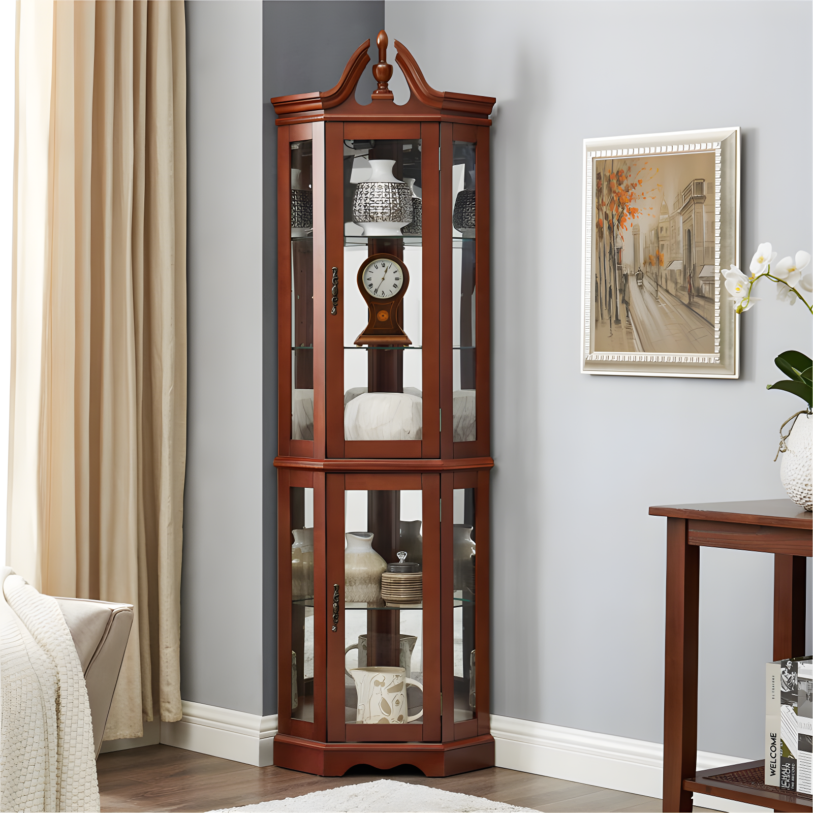 wendeway Walnut Corner Curio Cabinet With Lights,Adjustable Tempered Glass Shelves, Mirrored Back, Display Cabinet,Sideboard,Bookshelf