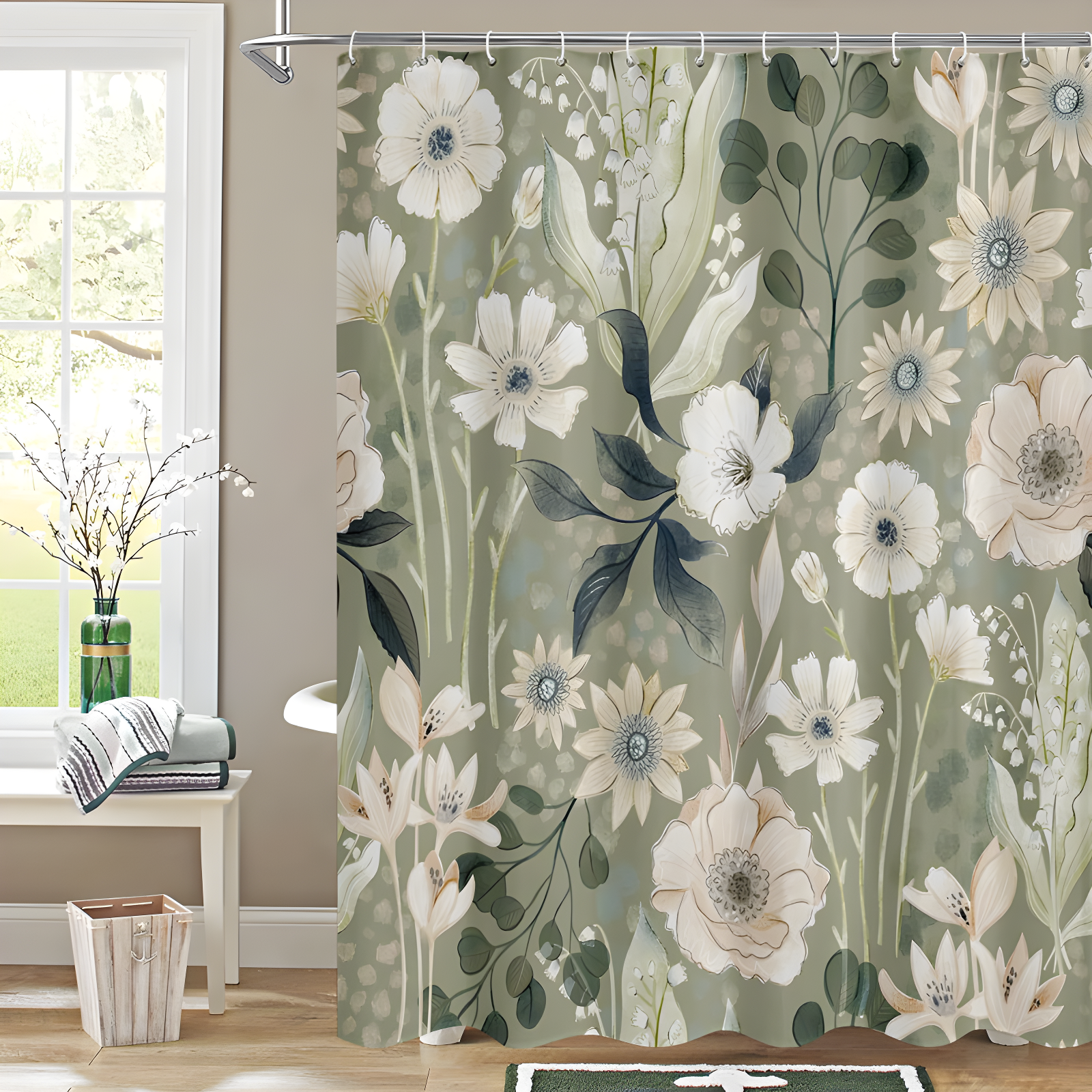 Red Barrel Studio® Green Floral Shower Curtain, Summer Plant Leaves Fabric Cloth Shower Curtains For Chic Elegant Bathroom Decor, Modern Abstract Colorful Flower Shower Curtain, 72X72