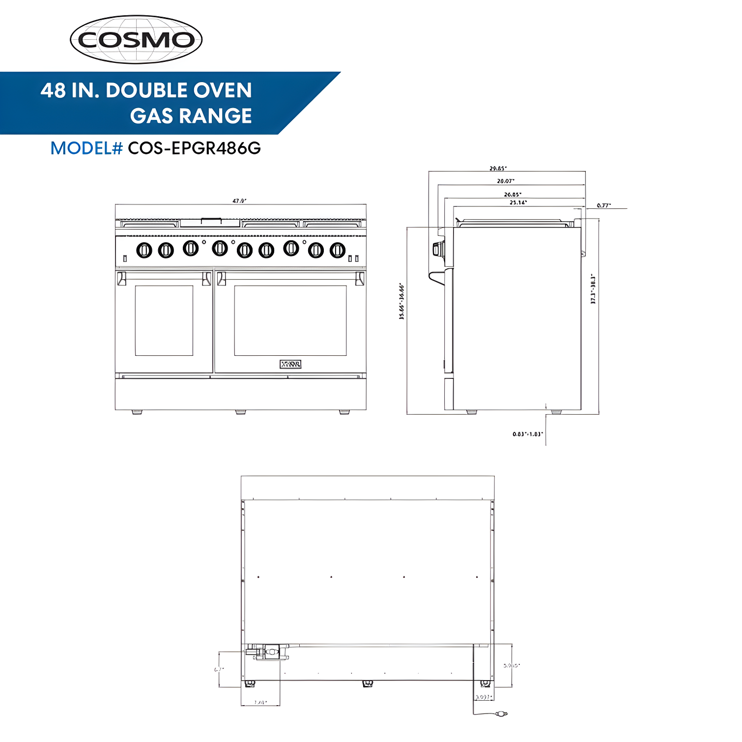 Cosmo 48 in. Haven Collection 7 cu. ft. Double Oven Gas Range, 6 Burners, Griddle, Convection, Knob LEDs, Stainless Steel