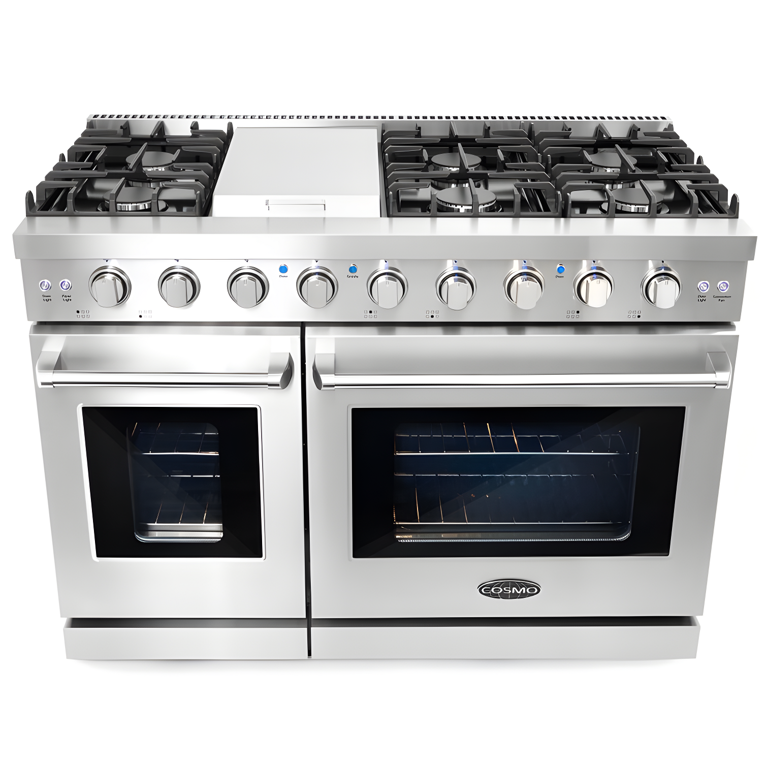 Cosmo 48 in. Haven Collection 7 cu. ft. Double Oven Gas Range, 6 Burners, Griddle, Convection, Knob LEDs, Stainless Steel