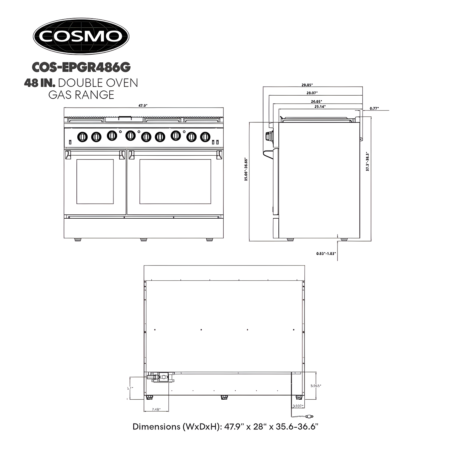 Cosmo 48 in. Haven Collection 7 cu. ft. Double Oven Gas Range, 6 Burners, Griddle, Convection, Knob LEDs, Stainless Steel