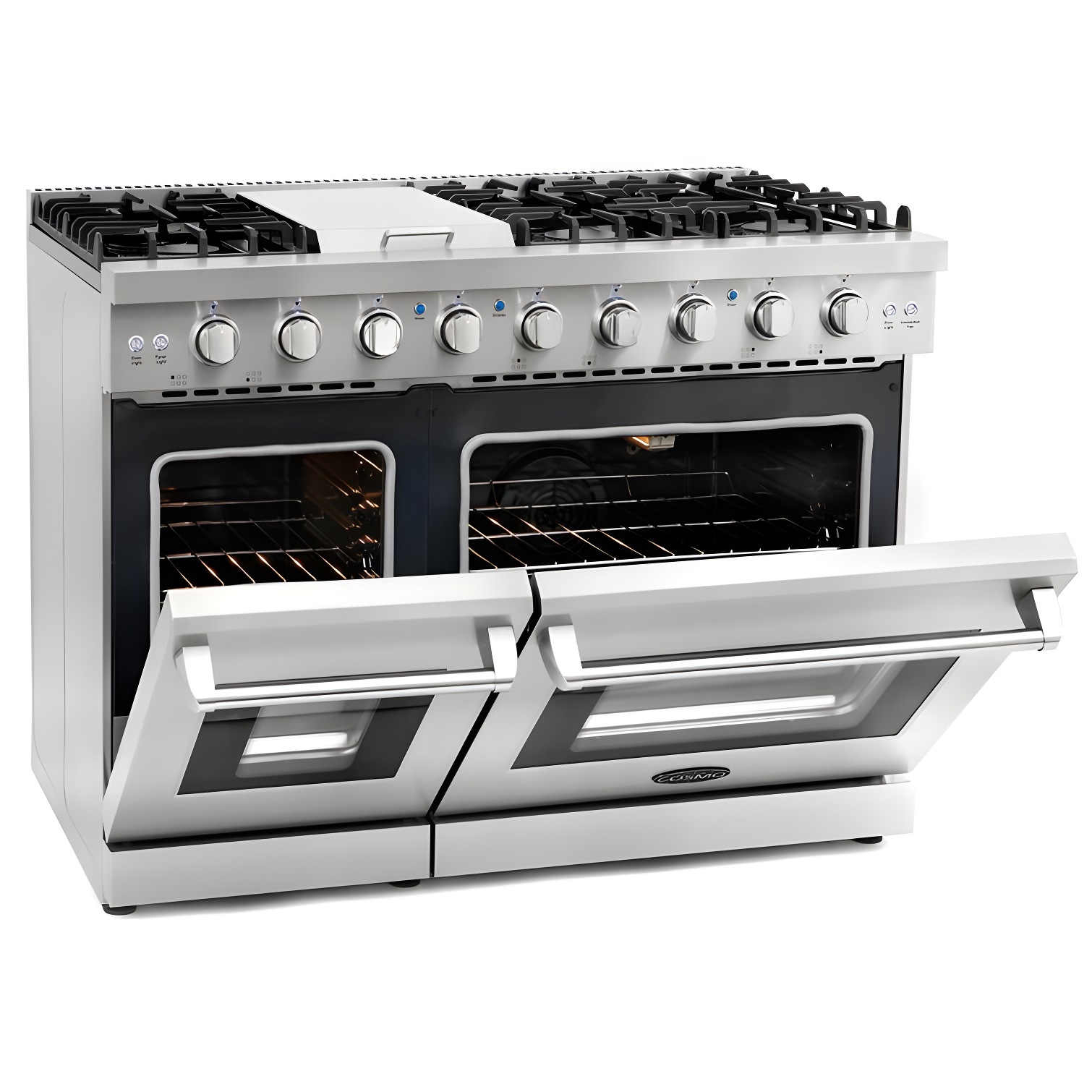 Cosmo 48 in. Haven Collection 7 cu. ft. Double Oven Gas Range, 6 Burners, Griddle, Convection, Knob LEDs, Stainless Steel