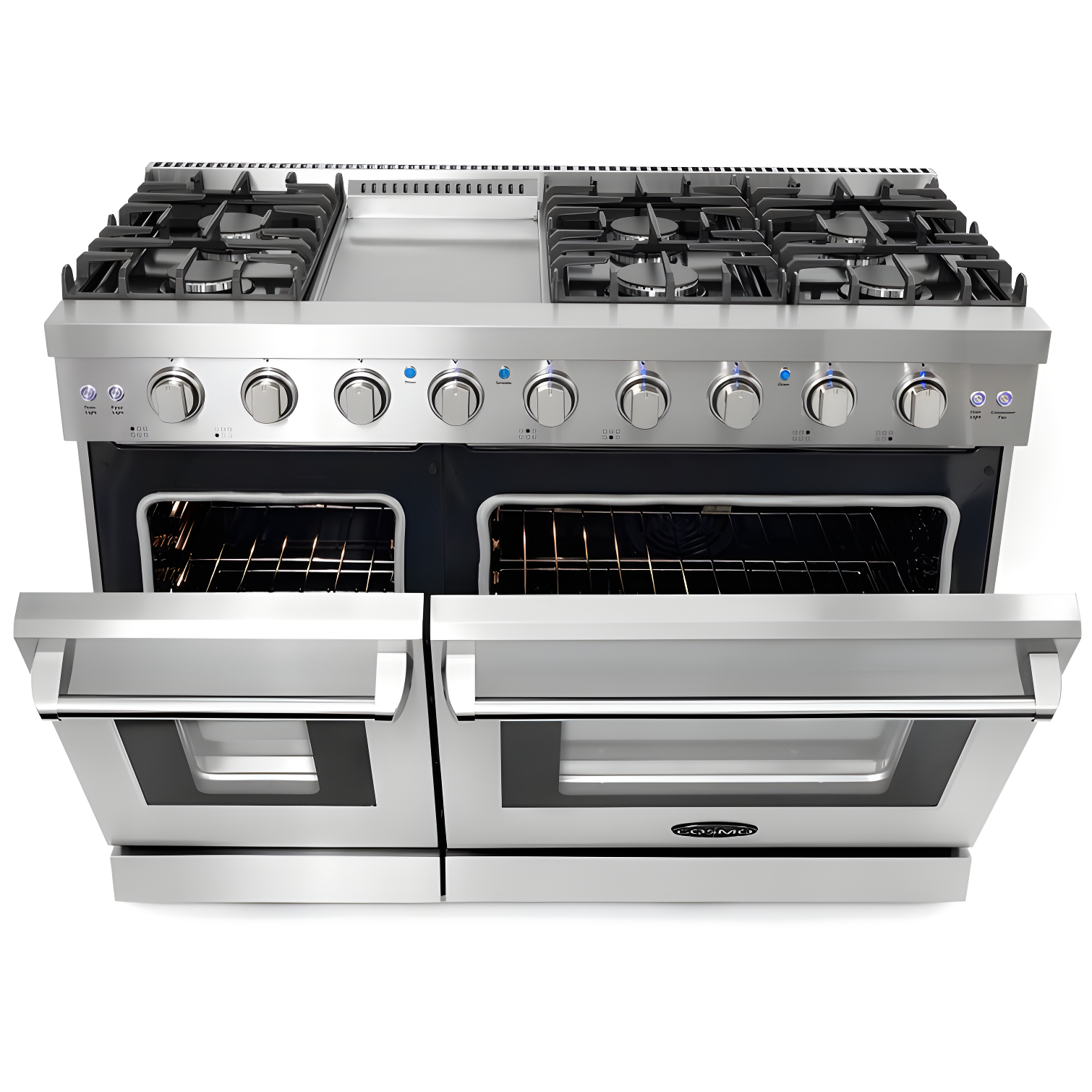 Cosmo 48 in. Haven Collection 7 cu. ft. Double Oven Gas Range, 6 Burners, Griddle, Convection, Knob LEDs, Stainless Steel