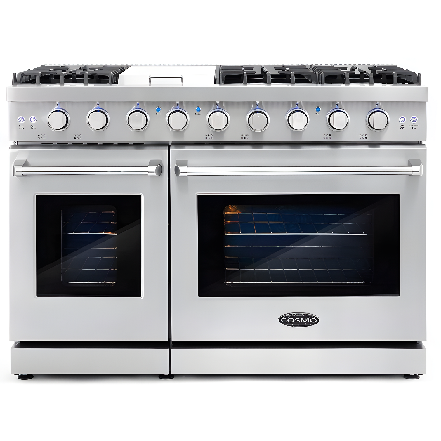 Cosmo 48 in. Haven Collection 7 cu. ft. Double Oven Gas Range, 6 Burners, Griddle, Convection, Knob LEDs, Stainless Steel