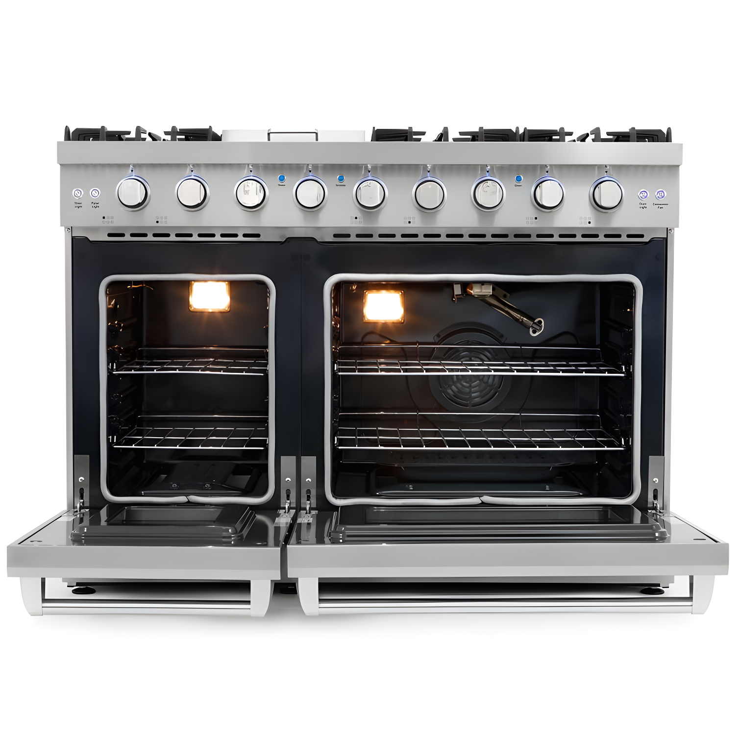 Cosmo 48 in. Haven Collection 7 cu. ft. Double Oven Gas Range, 6 Burners, Griddle, Convection, Knob LEDs, Stainless Steel