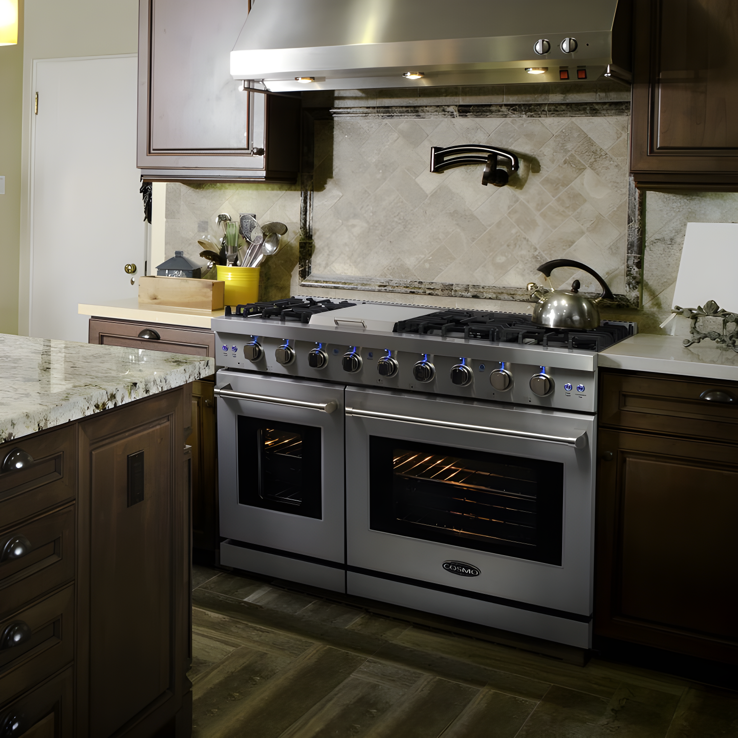 Cosmo 48 in. Haven Collection 7 cu. ft. Double Oven Gas Range, 6 Burners, Griddle, Convection, Knob LEDs, Stainless Steel