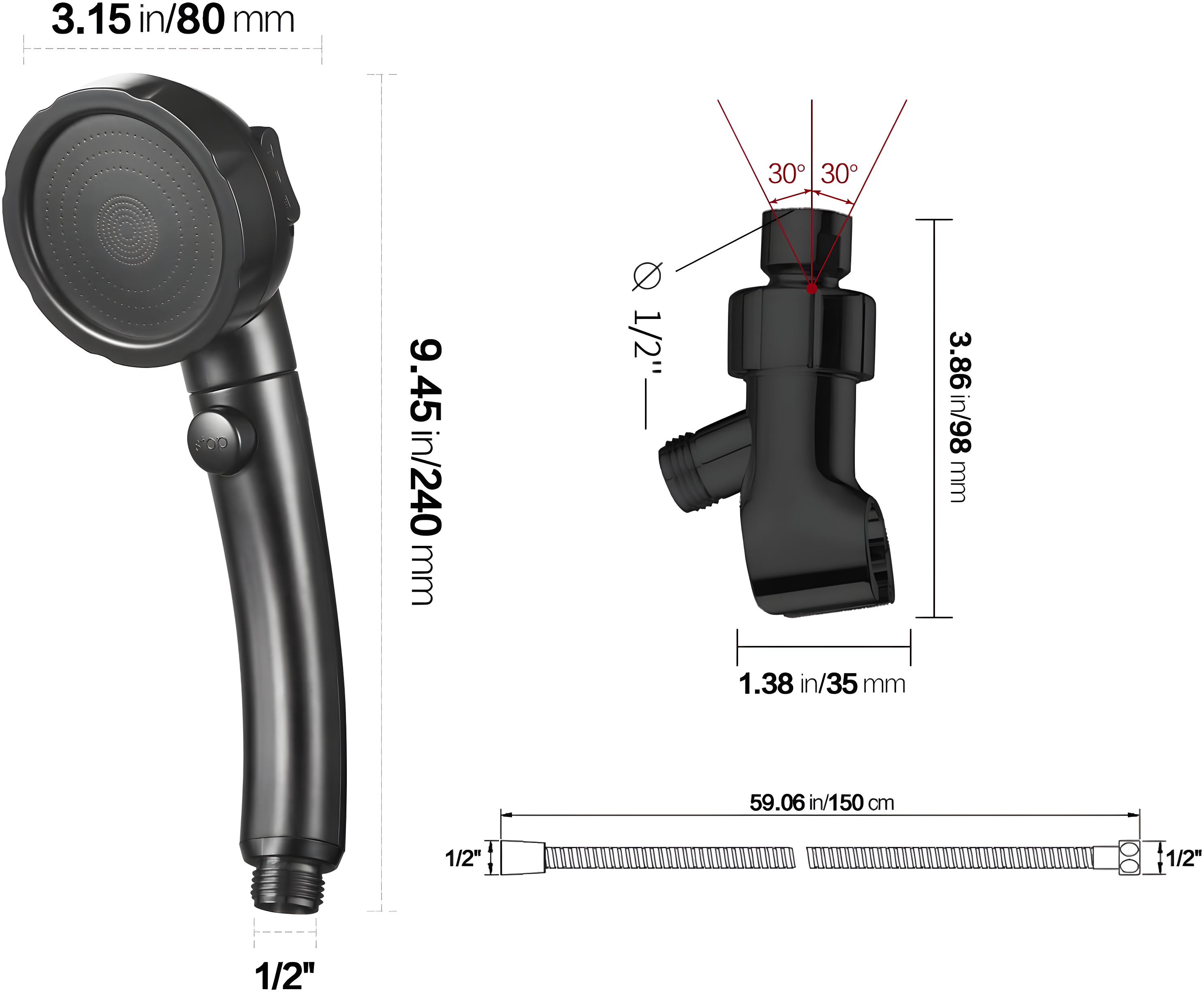 High Pressure Handheld Shower Head with ON/OFF Pause Switch, 3 Spray Modes Shower Head