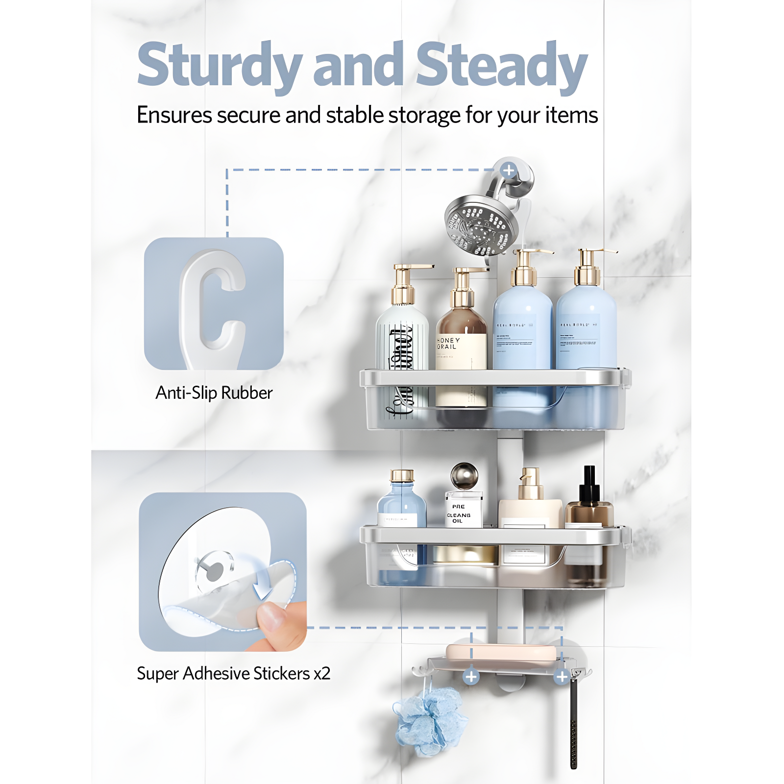 Adjustable-Shower-Caddy-Hanging, Rust Proof Shower Hanging Organizer, 3-Tier Aluminum Alloy + ABS, Large Capacity Shower Caddy Over-The-Showerhead With Hooks, Razor Holder, Soap Dish