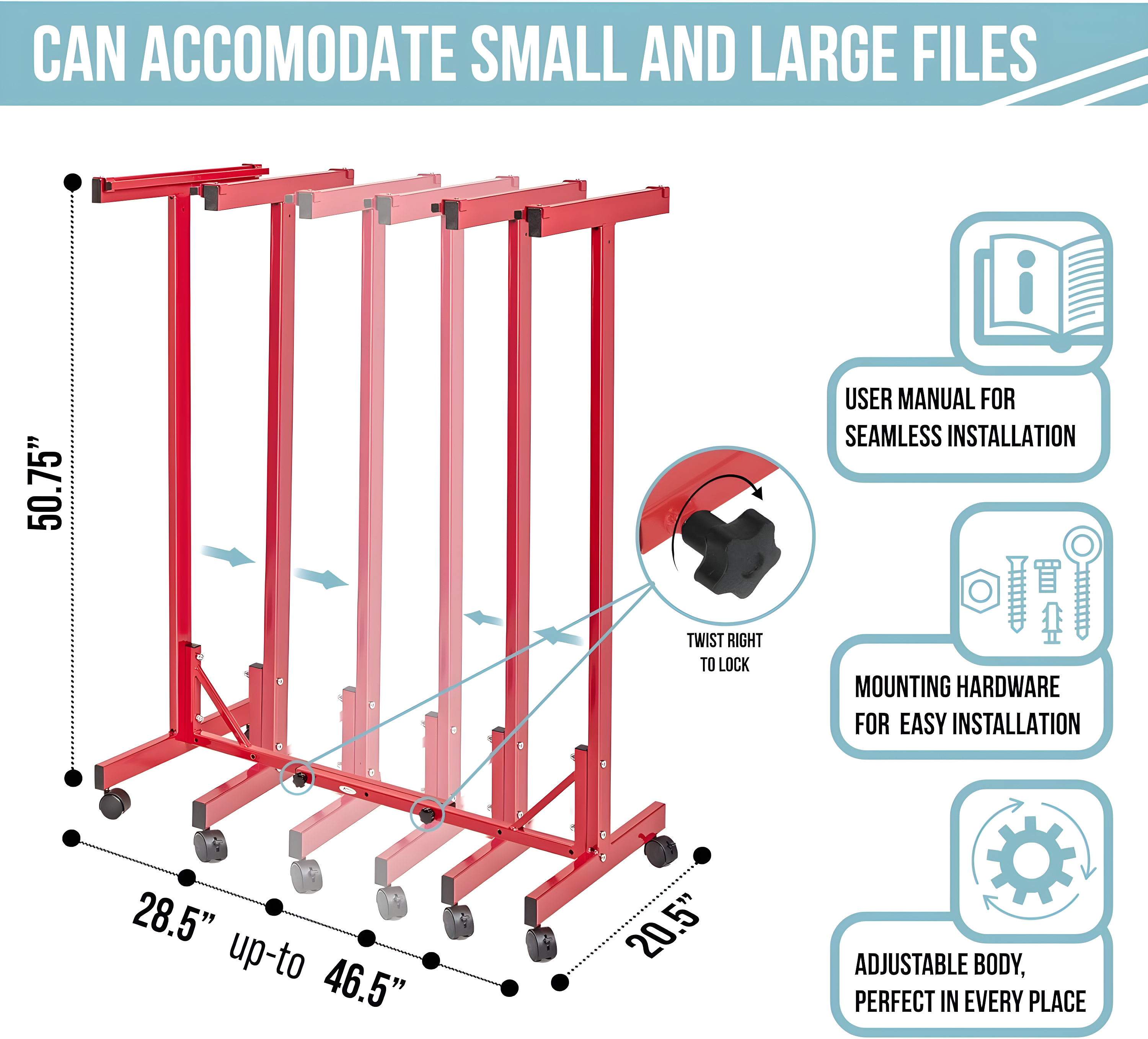 Red Heavy Gauge Steel Mobile Blueprint Rack with Adjustable Width