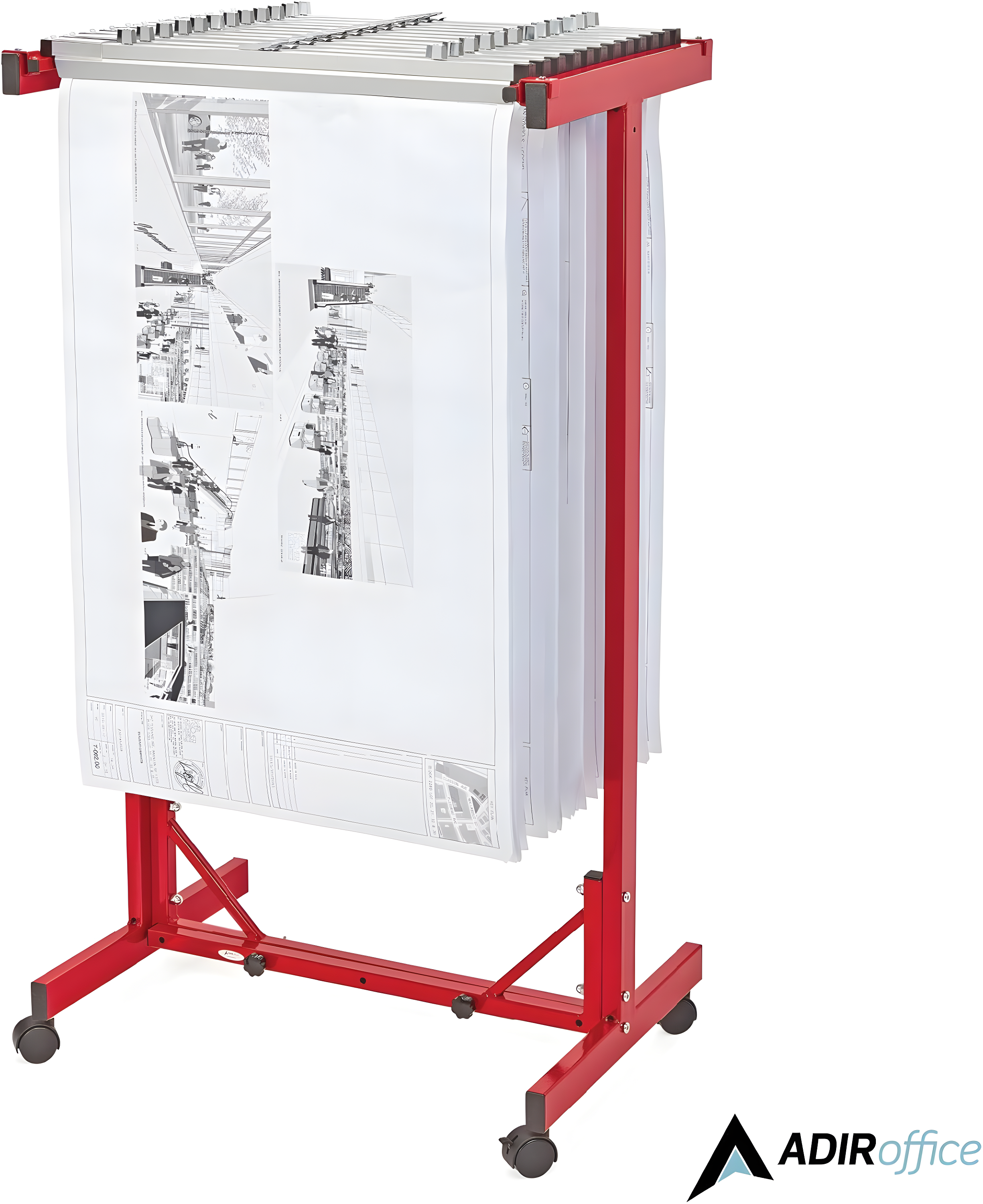 Red Heavy Gauge Steel Mobile Blueprint Rack with Adjustable Width