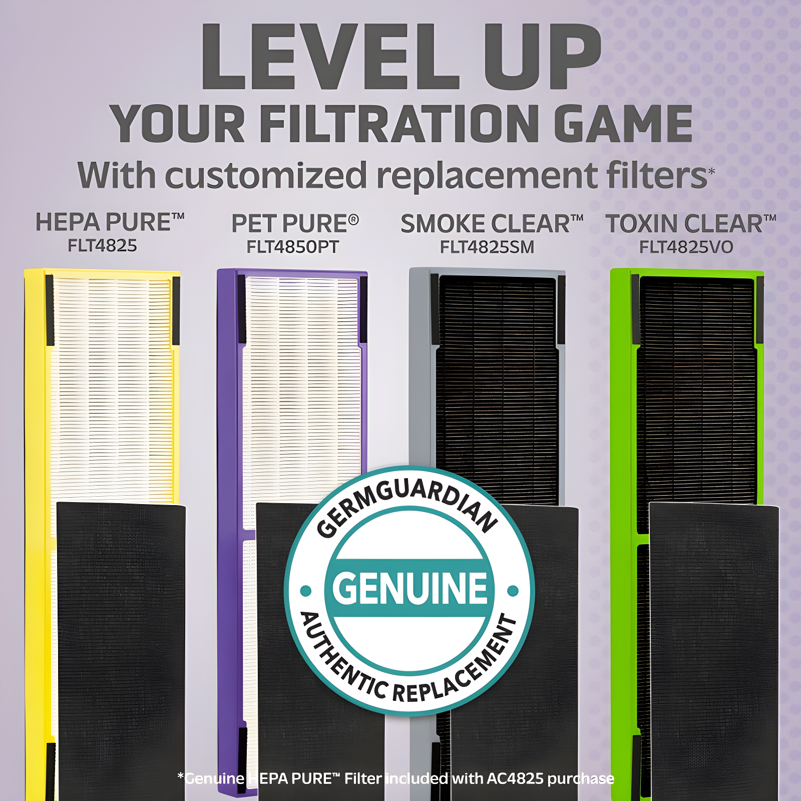 GermGuardian FLT4825 HEPA GENUINE Replacement Filter B Air Purifiers for AC4300/AC4800/AC4900/CDAP4500/AP2200 Series Gray: True HEPA, Carbon Filter