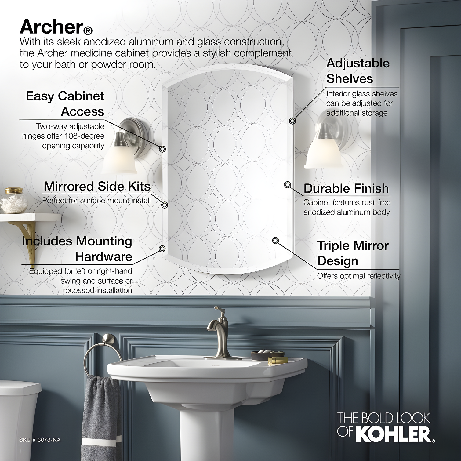 Kohler Archer 20" x 31" Single Door Frameless Mirrored Medicine Cabinet