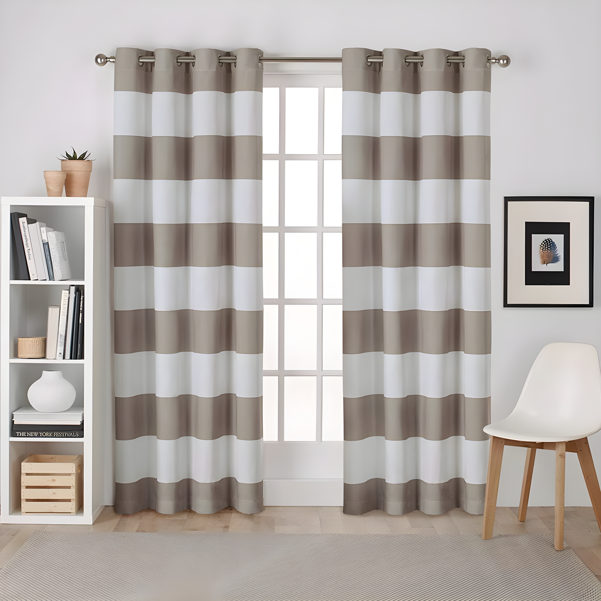 Set of 2 84"x54" Surfside Cotton Cabana Stripe Light Filtering Window Curtain Panel Taupe - Exclusive Home: Striped Drapes, Grommet Top