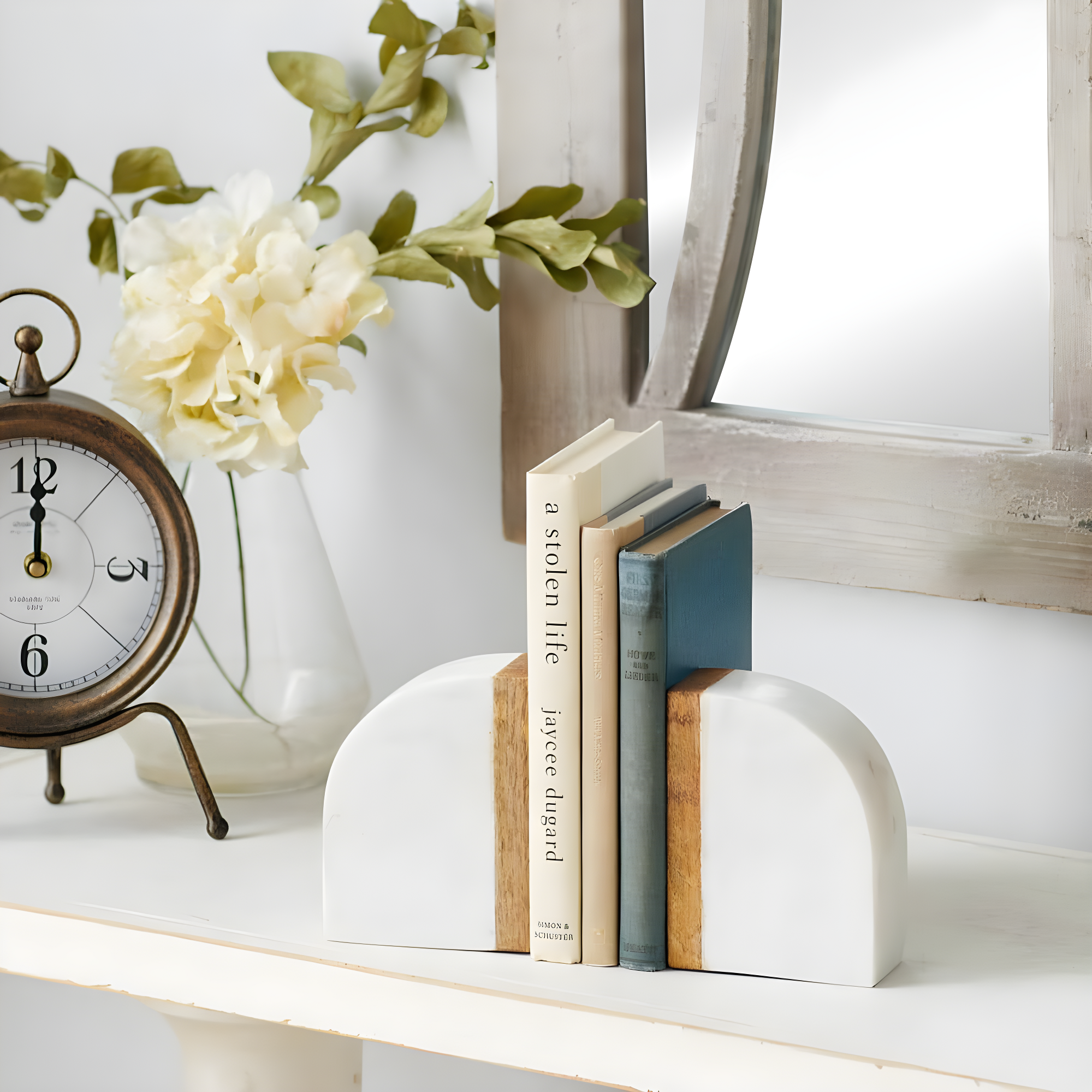 DecMode 4" 5 lbs White Marble Bookends with Wood Details (Set of 2)