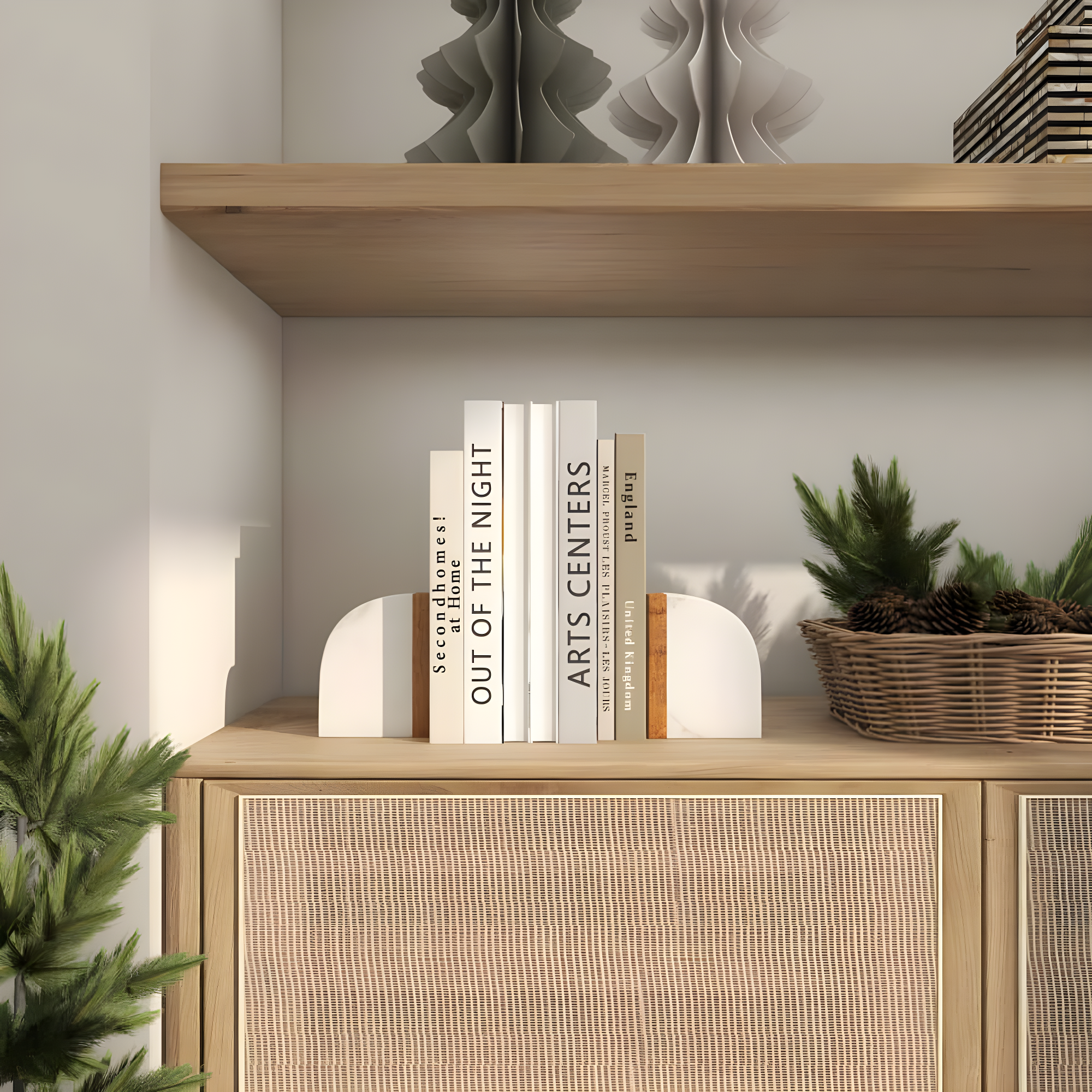 DecMode 4" 5 lbs White Marble Bookends with Wood Details (Set of 2)