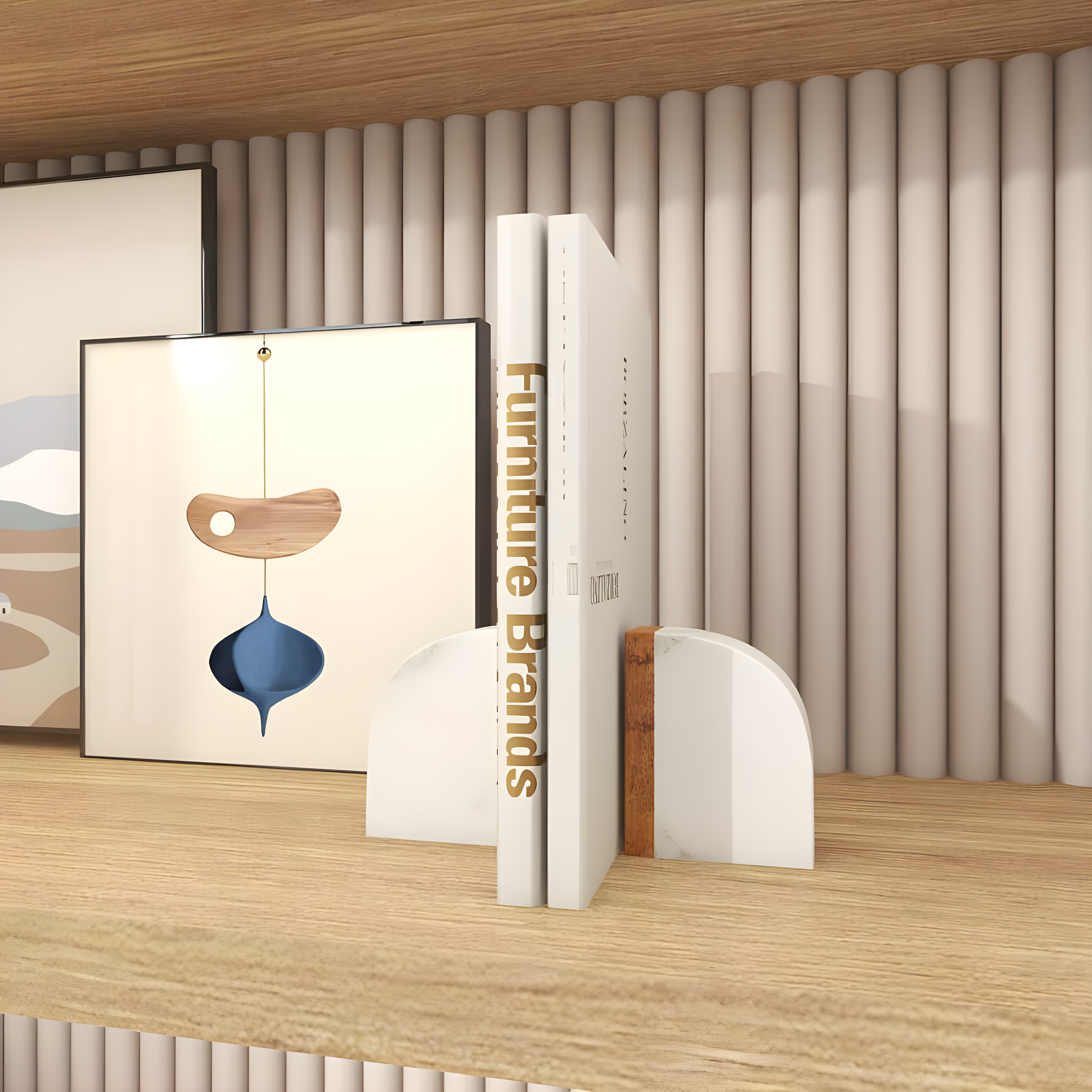 DecMode 4" 5 lbs White Marble Bookends with Wood Details (Set of 2)