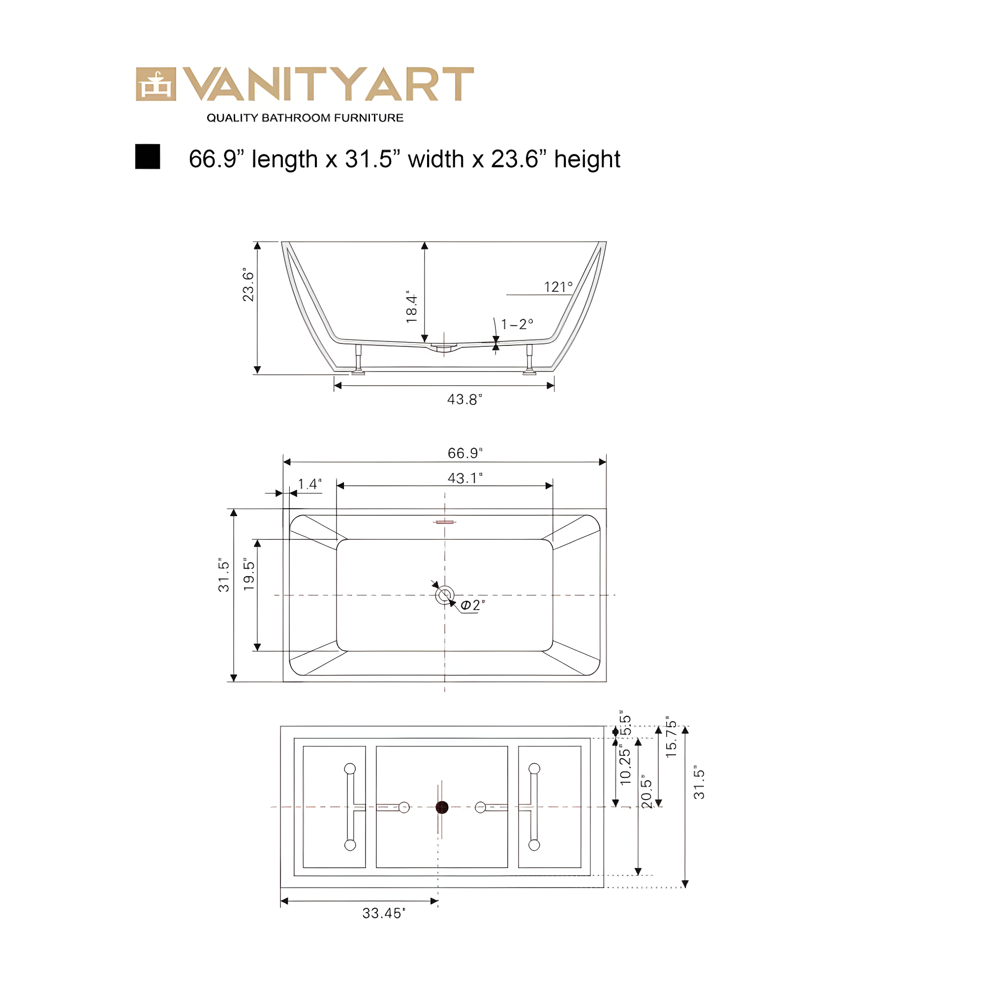 66.9" x 33" Freestanding Soaking Bathtub