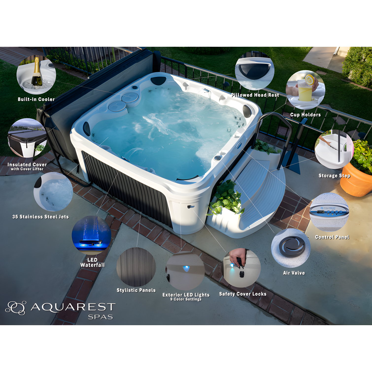 AquaRest DayDream 3500 7-Person 35-Jet Plug & Play Hot Tub with Ozonator, LED Waterfall and Stainless Steel Heater