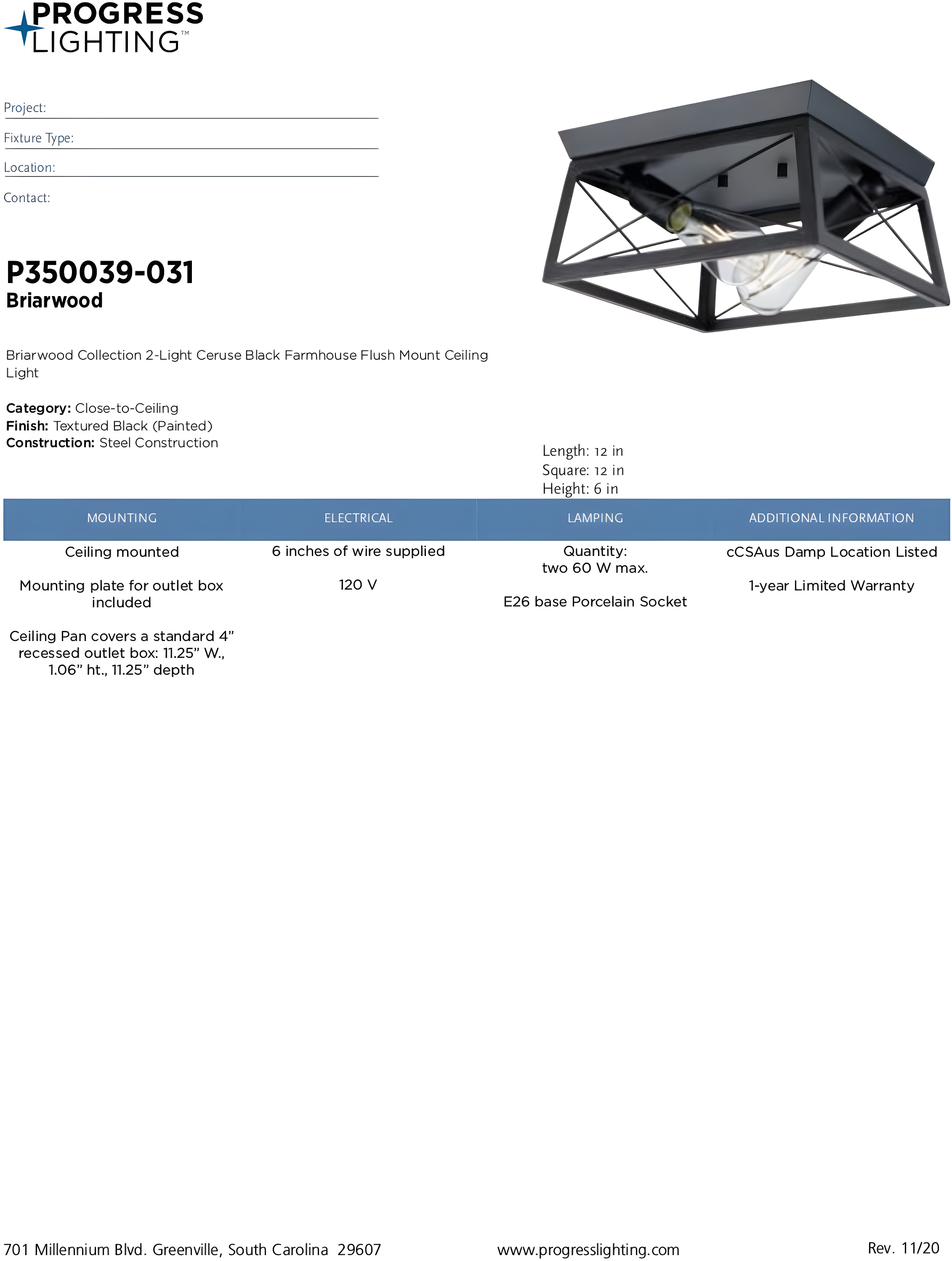 Progress Lighting, Briarwood, 2-Light Flush Mount, Textured Black, Faux-Painted Wood Enclosure