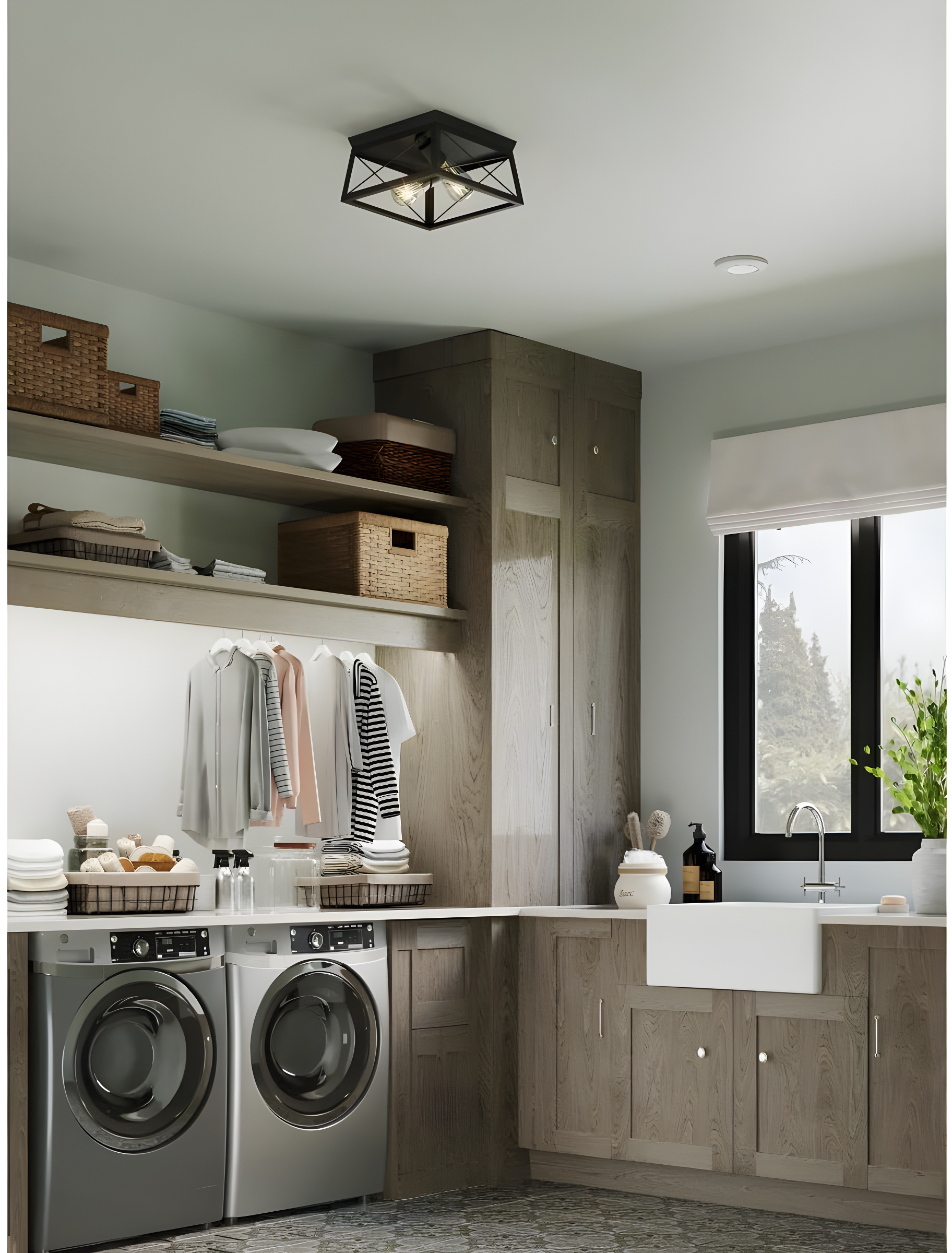 Progress Lighting, Briarwood, 2-Light Flush Mount, Textured Black, Faux-Painted Wood Enclosure