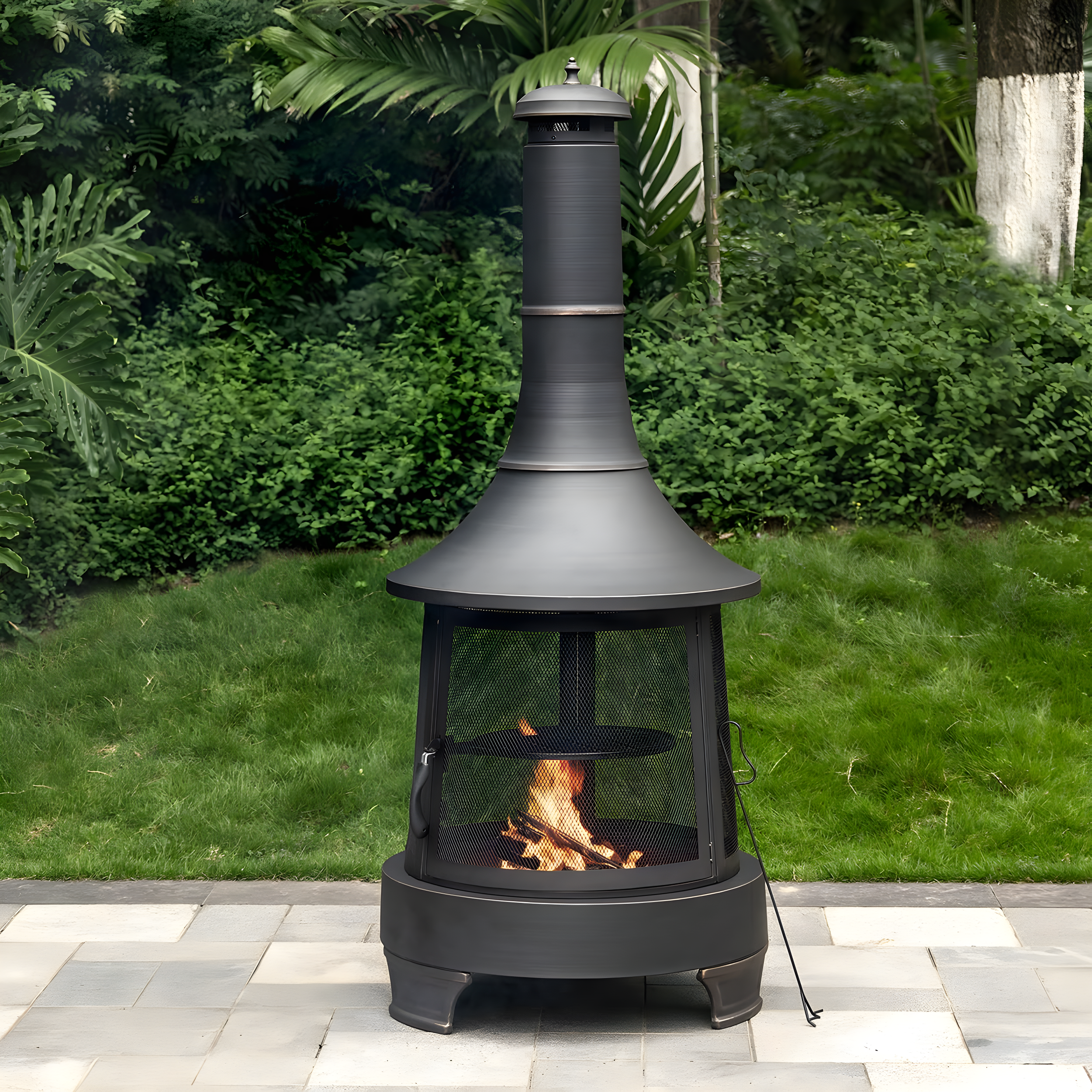 Deko Living Deko Living 30 Inch Diameter Outdoor Steel Wood Burning Chimney Firepit with Cast Iron Cooking Grill and Poker