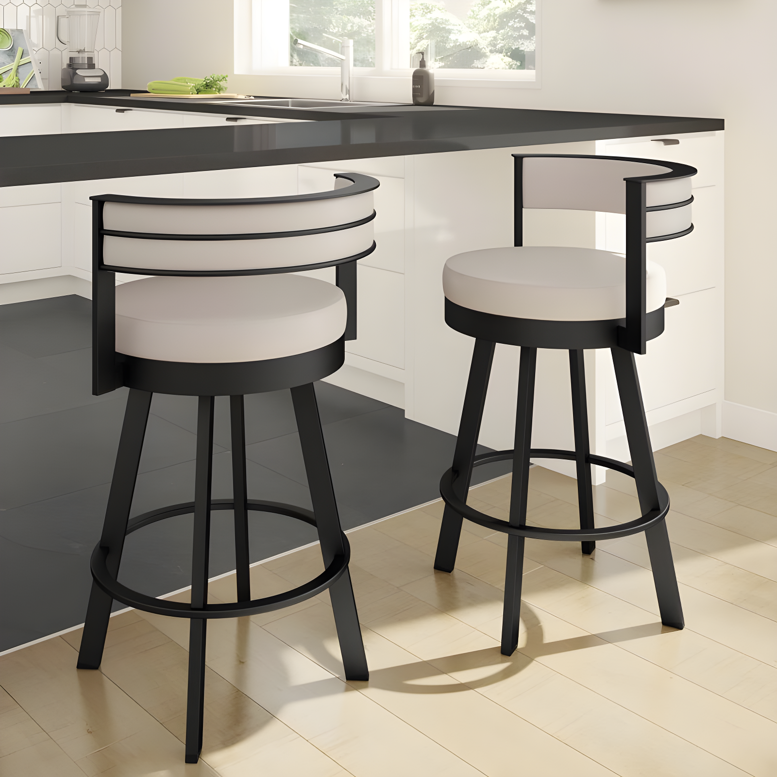 Amisco Browser Upholstered Counter Height Barstool Cream/Black: Steel Frame, Faux Leather, Fixed Height