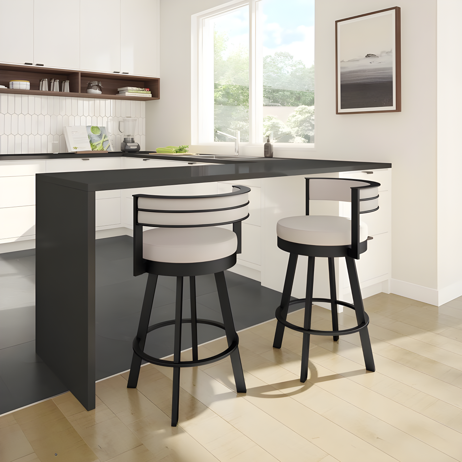 Amisco Browser Upholstered Counter Height Barstool Cream/Black: Steel Frame, Faux Leather, Fixed Height