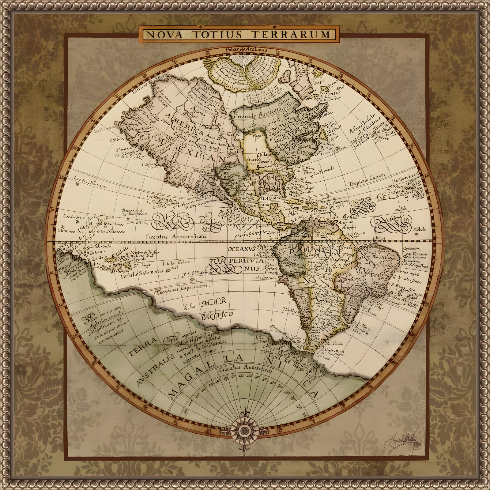 22"x22" Damask World Map I by Elizabeth Medley Framed Canvas Wall Art Print Bronze - Amanti Art: Modern Style, Polystyrene Frame