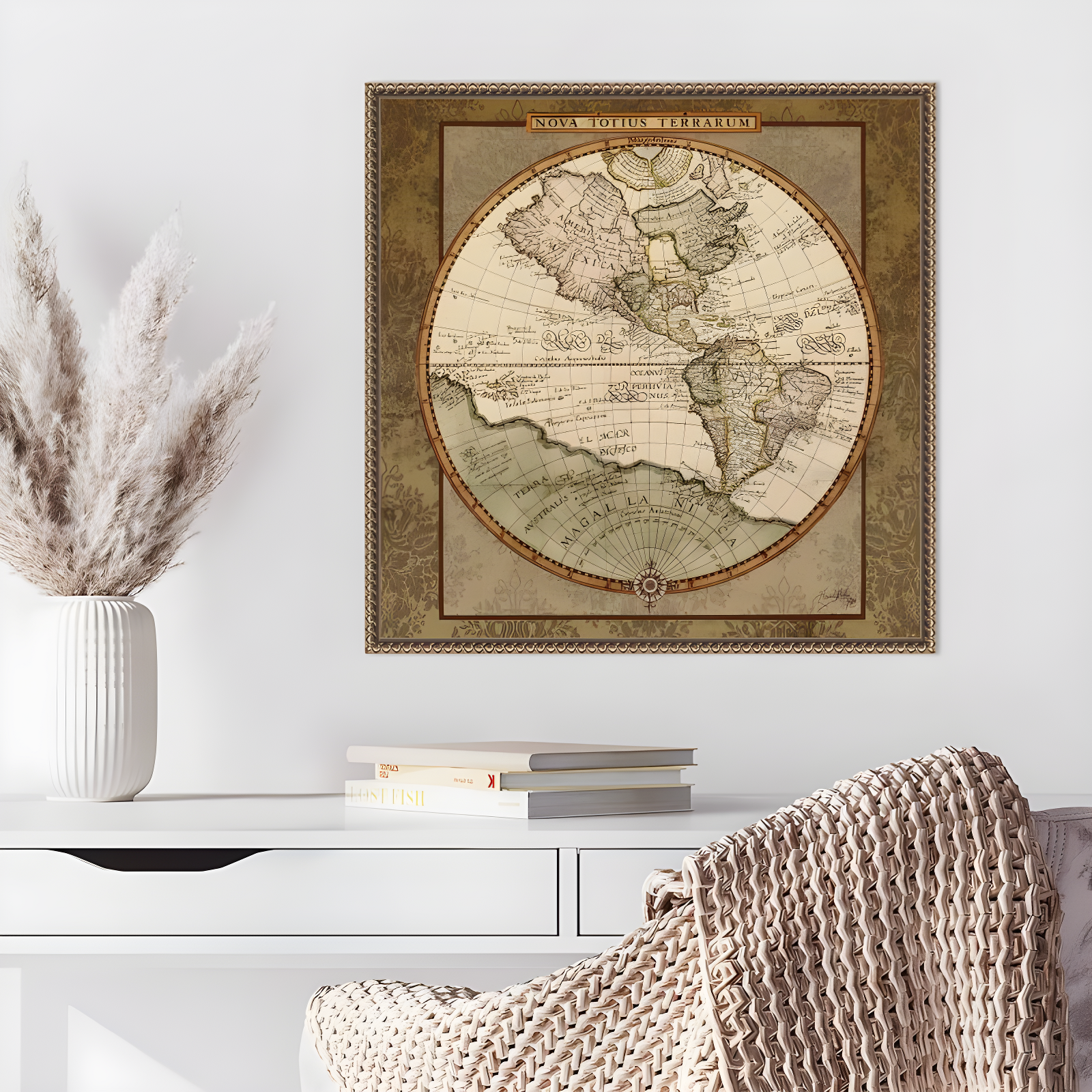 22"x22" Damask World Map I by Elizabeth Medley Framed Canvas Wall Art Print Bronze - Amanti Art: Modern Style, Polystyrene Frame