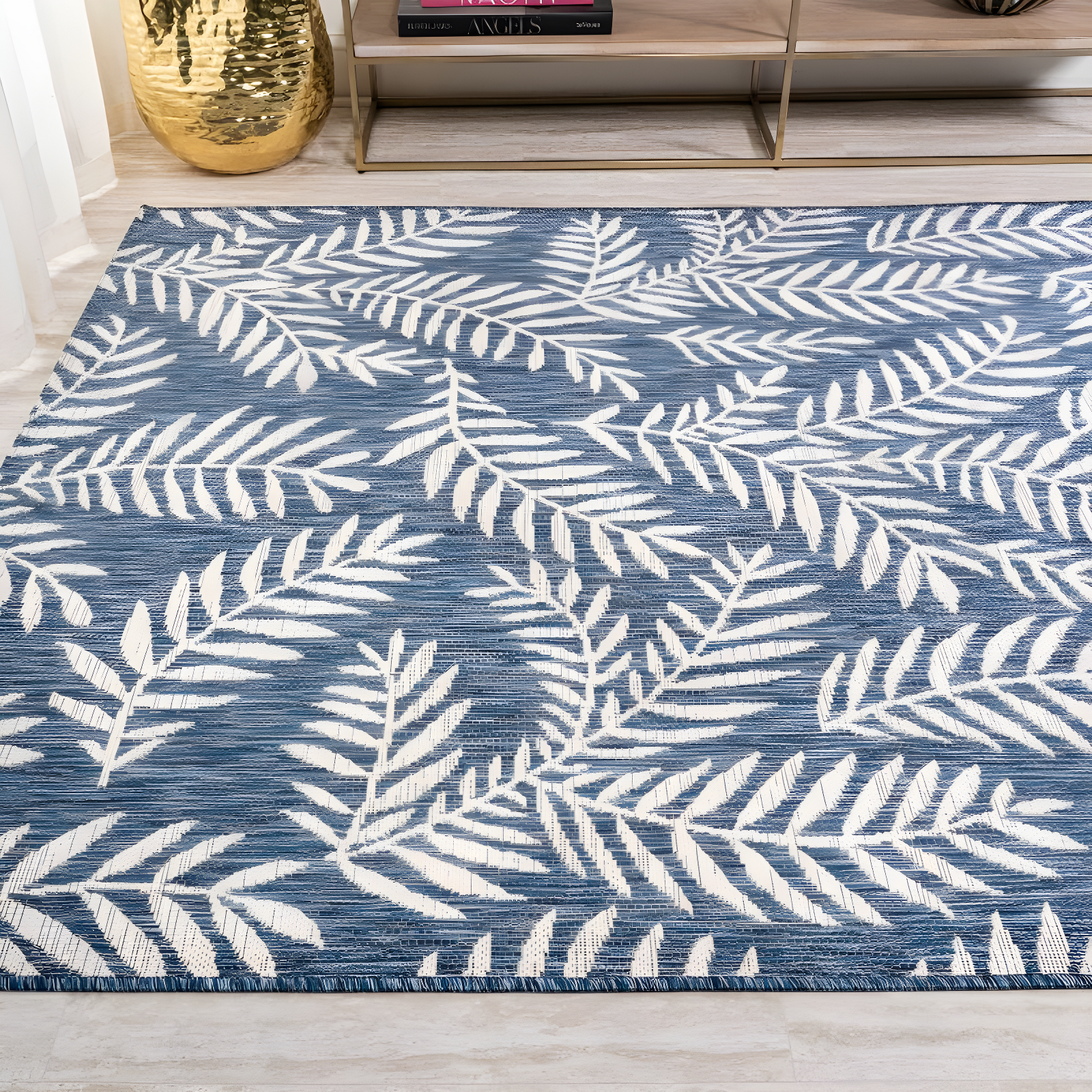 4'x6' Nevis Palm Frond Indoor/Outdoor Area Rug, Navy/Ivory - JONATHAN Y
