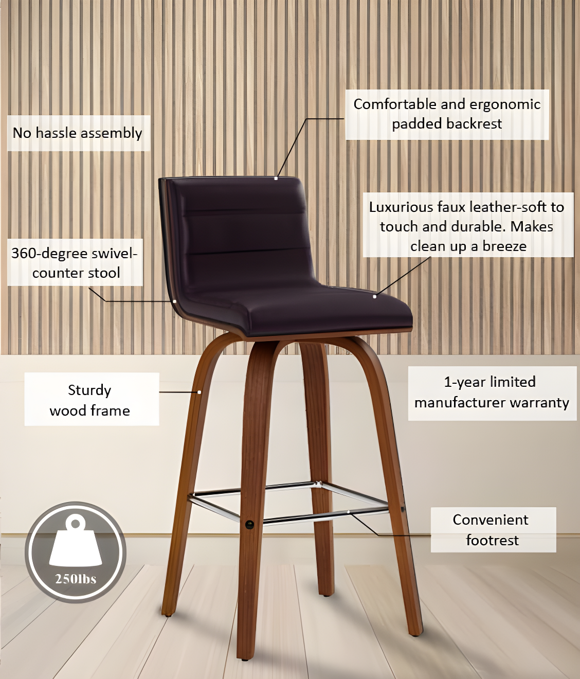26" Vienna Faux Leather Counter Height Barstool - Armen Living