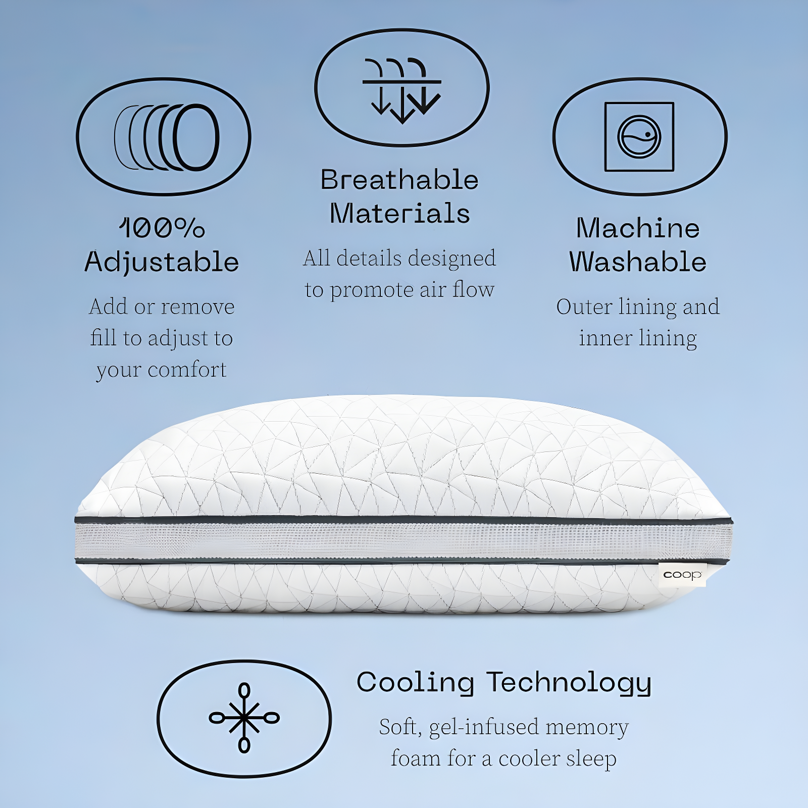 Coop Home Goods The Eden Cool Adjustable Pillow, Queen Size for Sleeping on Back, Stomach and Side Sleeper- Medium Soft Memory Foam Cooling Gel