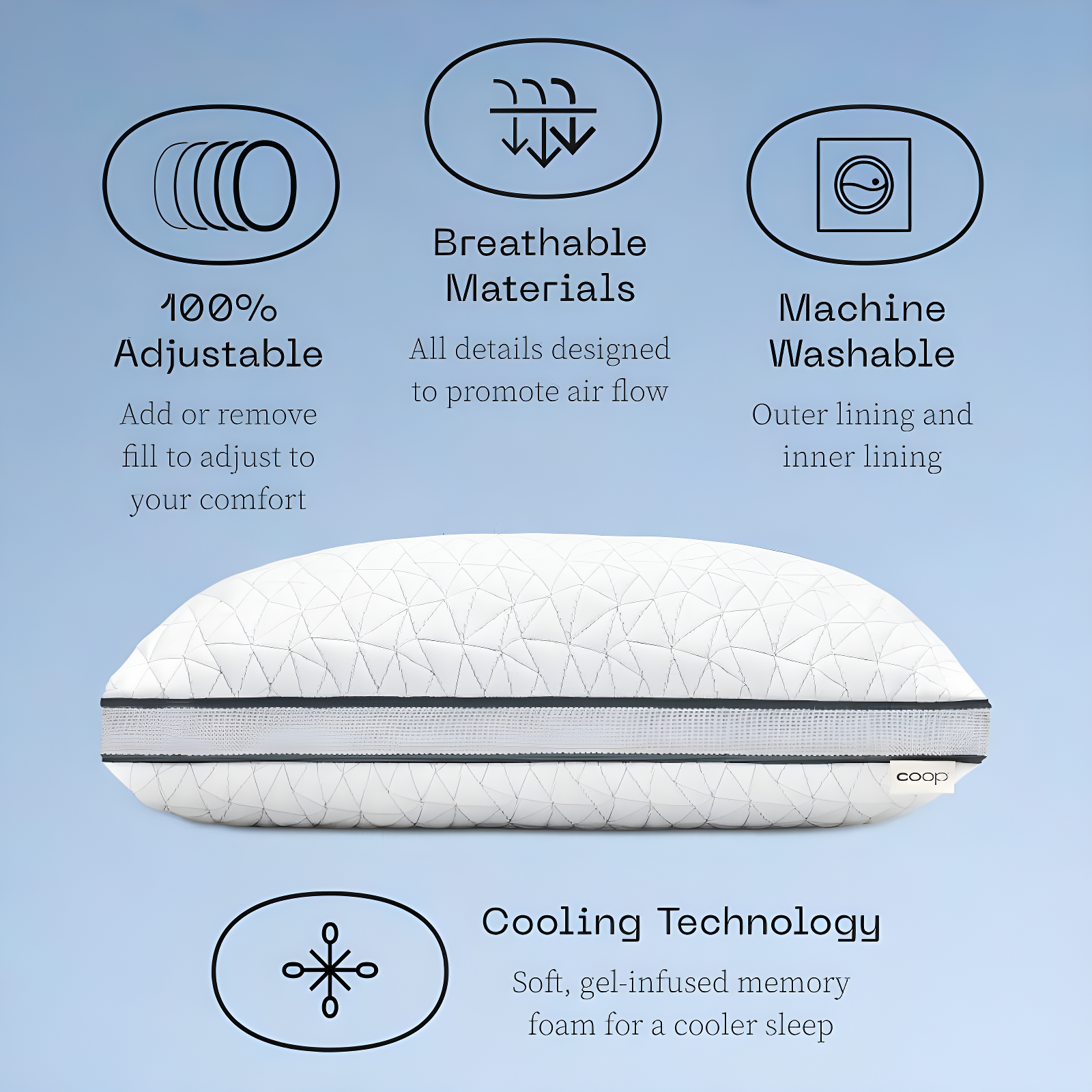 Coop Home Goods The Eden Cool Adjustable Pillow, Queen Size for Sleeping on Back, Stomach and Side Sleeper- Medium Soft Memory Foam Cooling Gel