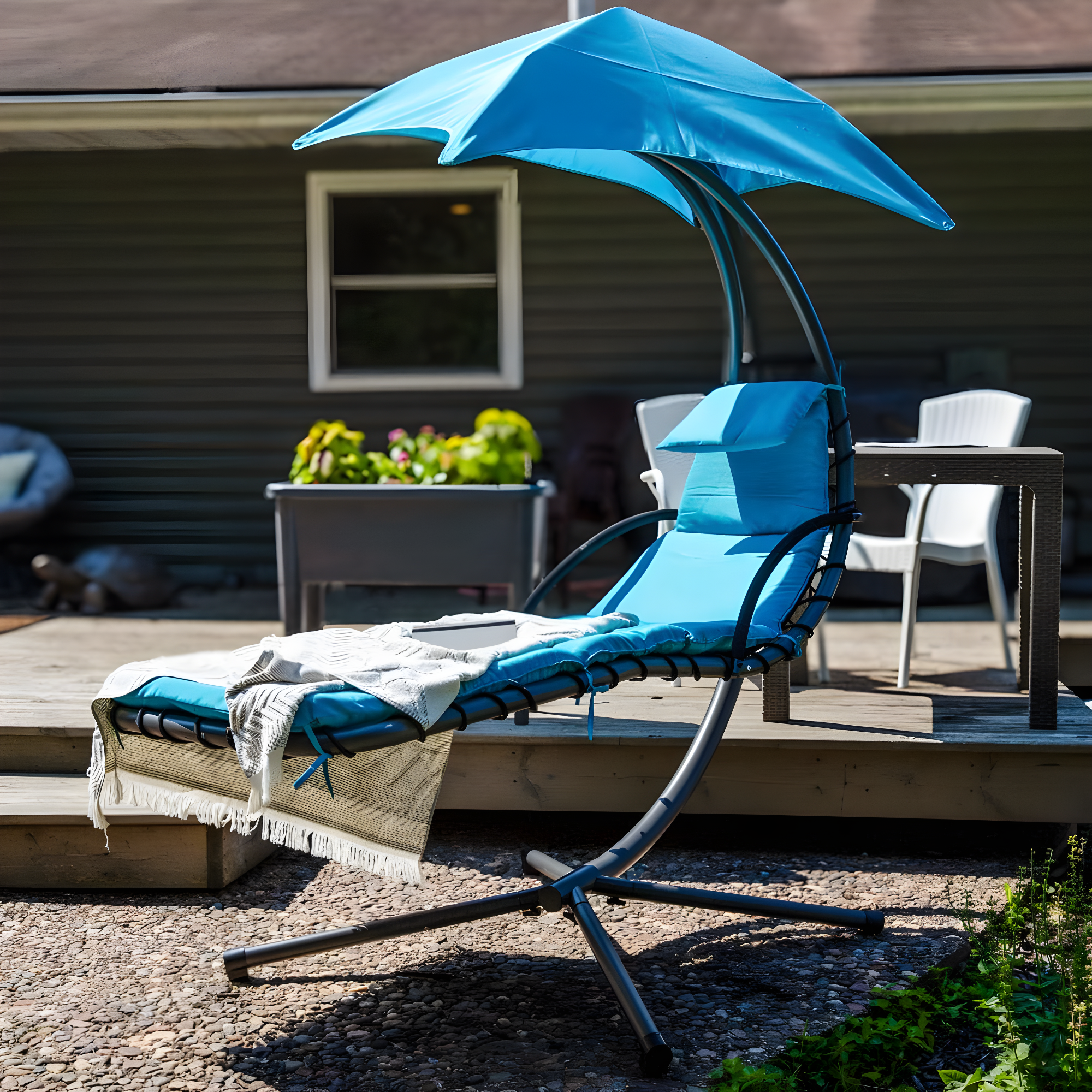Steel Outdoor Floating Chaise Lounge Chair with Canopy with Stand