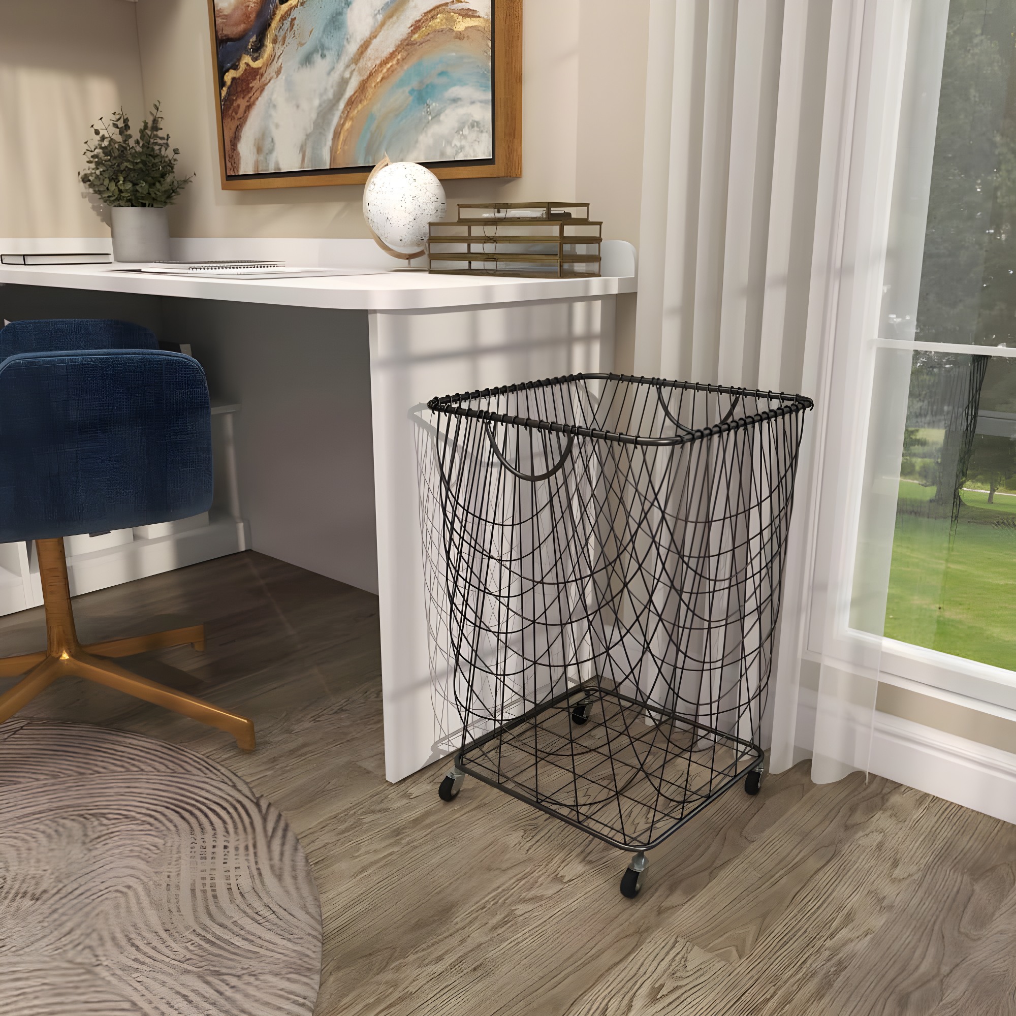 Metal Deep Set Metal Mesh Laundry Basket Storage Cart with Wheels and Handles