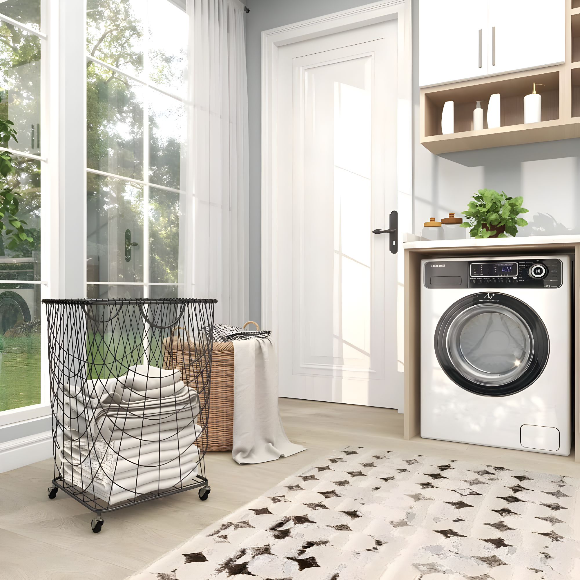 Metal Deep Set Metal Mesh Laundry Basket Storage Cart with Wheels and Handles