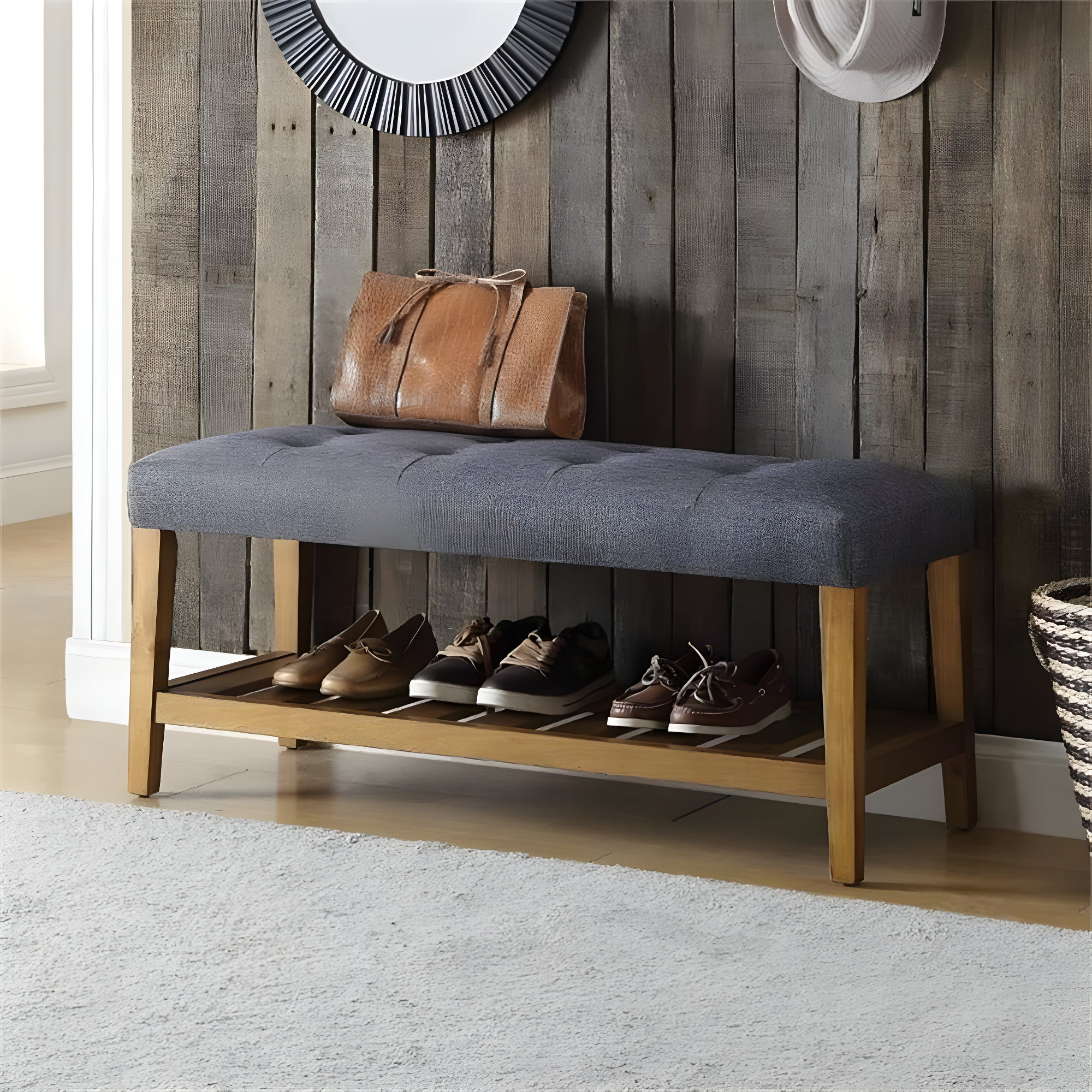 Acme Furniture Charla Bench Gray Fabric/Oak Finish