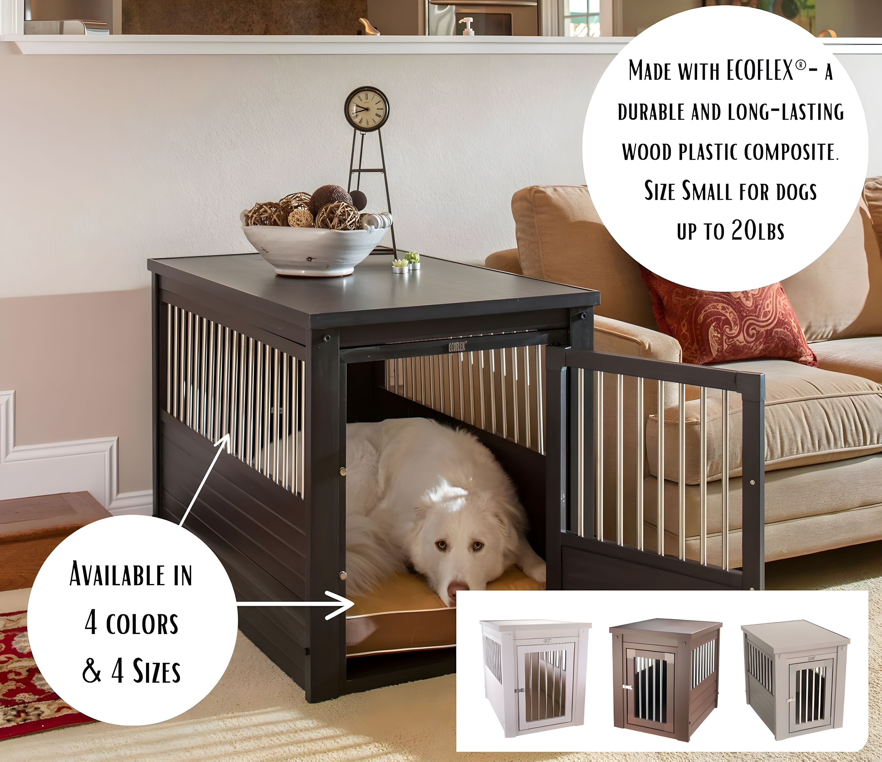 New Age Pet ECOFLEX Dog Crate End Table - Furniture-Style Pet Crate for Crate Trained Dogs - Stainless Steel Tubing & a Latched Closure - 10 Year Manufacturer's Warranty