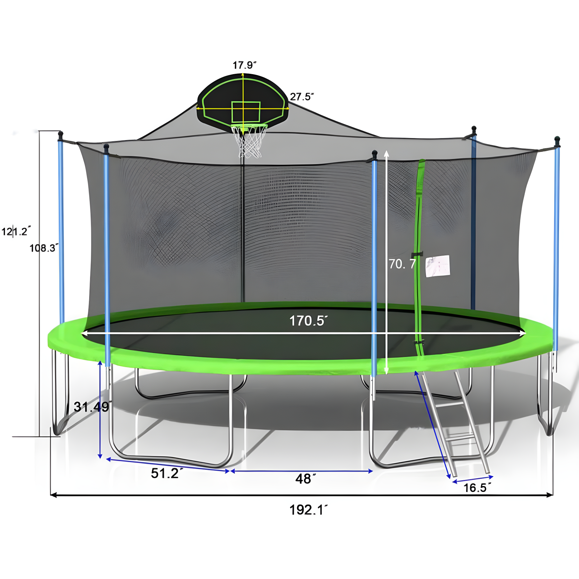 16FT Trampoline with Safety Enclosure Net, Basketball Hoop, Heavy Duty Outdoor Recreational Trampoline for Family, Exercise Fitness Backyards Trampoline for Adults & Kids, Green