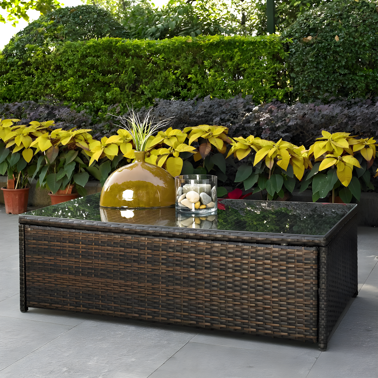 Palm Harbor Outdoor Wicker Coffee Table - Brown - Crosley: Steel Frame, Tempered Glass Top, UV & Weather-Resistant
