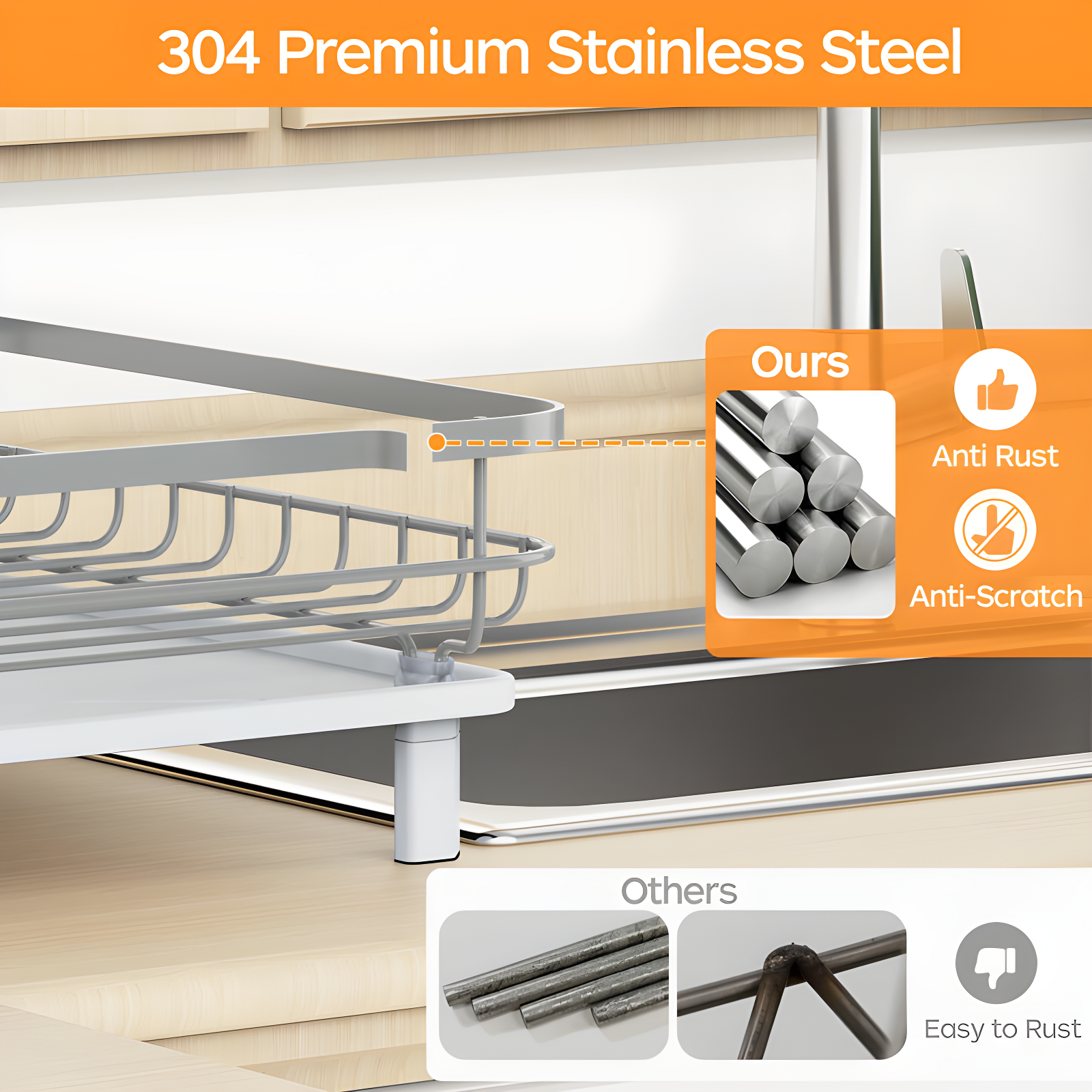 COAHAHA Space-Saving Gray Stainless Steel Dish Drying Rack - Sturdy, Portable, Easy Drainage